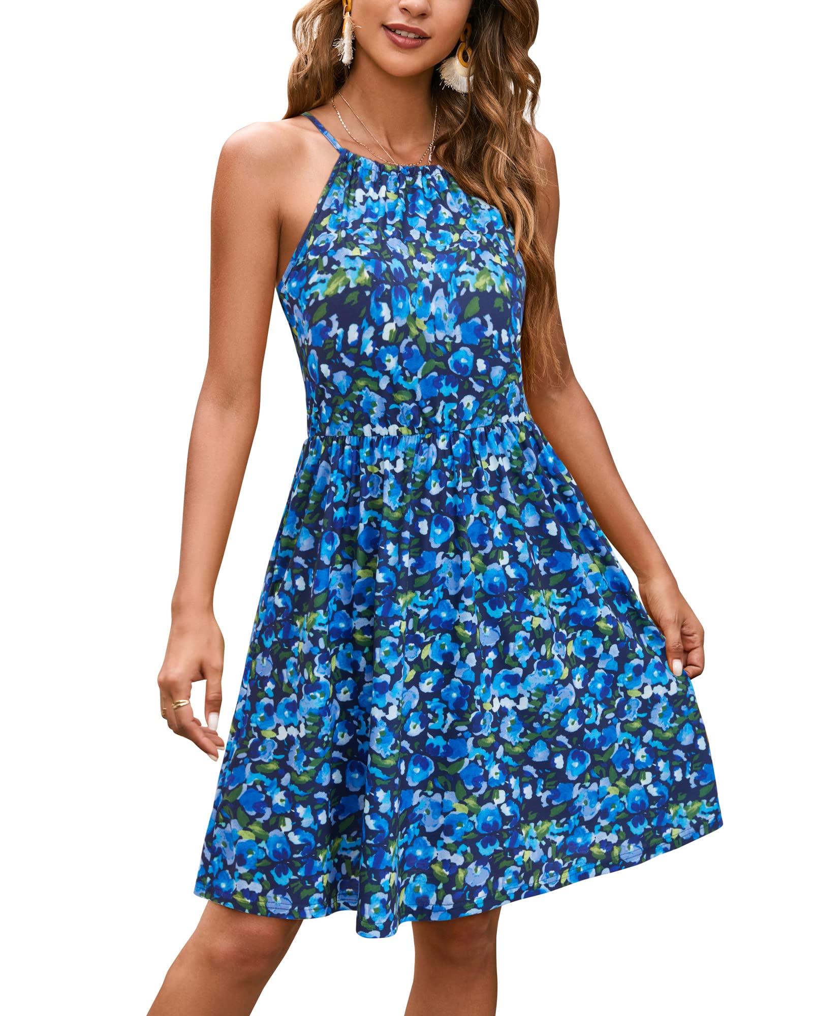 KILIG Women's Halter Neck Sundress - Sleeveless Summer Beach Dress with Pockets | Casual Flowy Dress for Vacation, Pool Party & Outdoor Activities