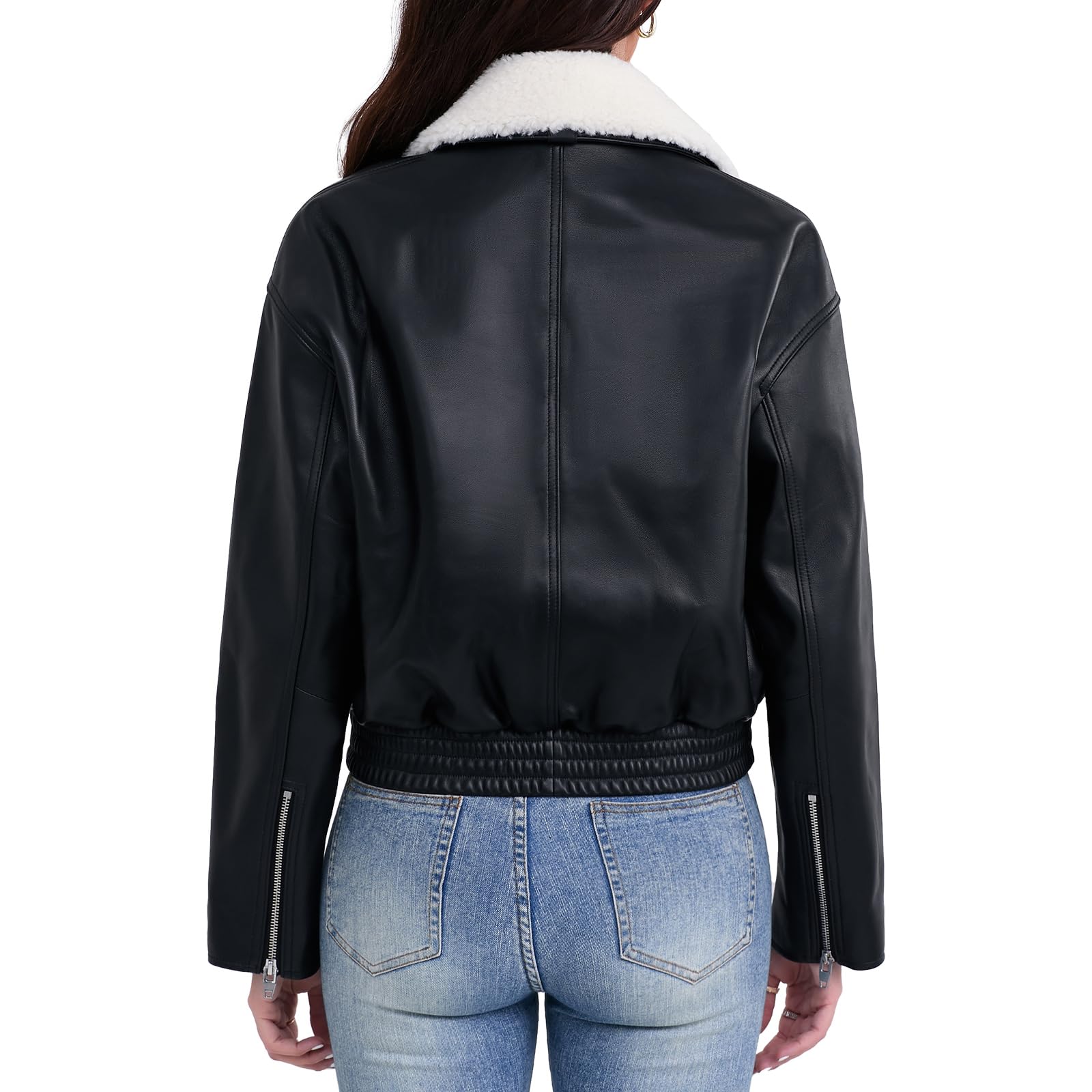 Women's Cropped Lambskin Leather Bomber Jacket with Removable Sherpa Collar - Zip Front, Elastic Hem - Stylish Outerwear for Casual Wear & Night Out