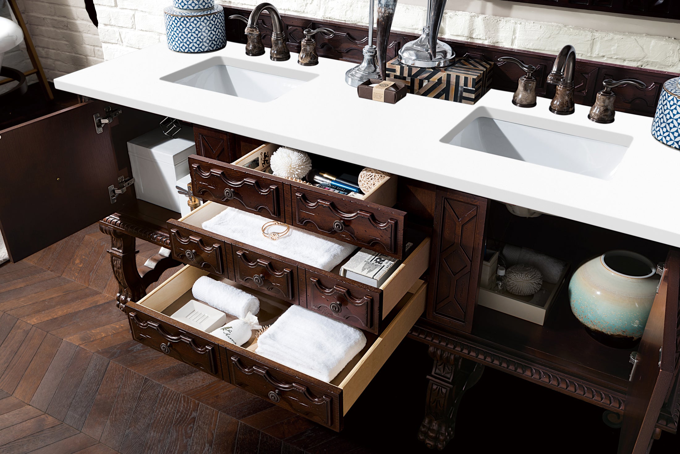 Balmoral 72 Inch Double Vanity Bathroom Cabinet with 3CM Classic White Quartz Countertop - Antique Walnut Finish for Master Bathroom or Guest Bath Remodel