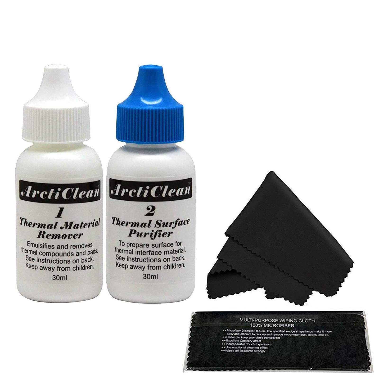 ArctiClean 60ML Thermal Paste Remover Kit (30ml ArctiClean1 + 30ml ArctiClean2) with Microfiber Cleaning Cloth (7