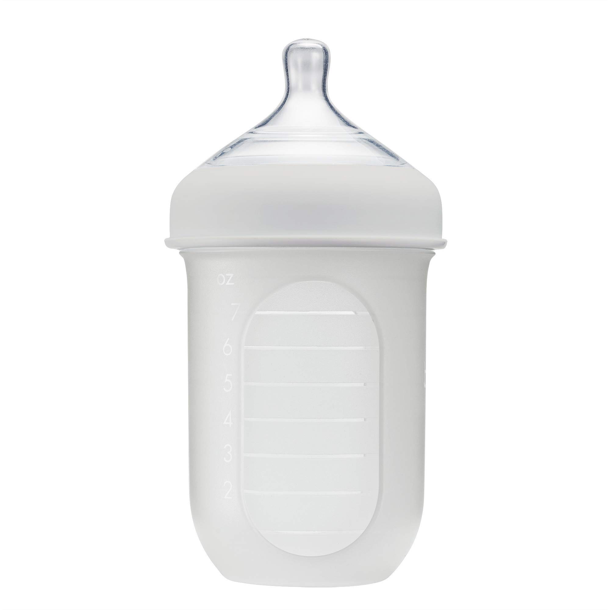 Boon Nursh Reusable Silicone Baby Bottle with Collapsible Pouch - 8oz Medium Flow Infant Bottle (Stage 2) - Soft Gray - Perfect for Travel, Daycare & On-the-Go Feeding - BPA-Free Baby Essentials