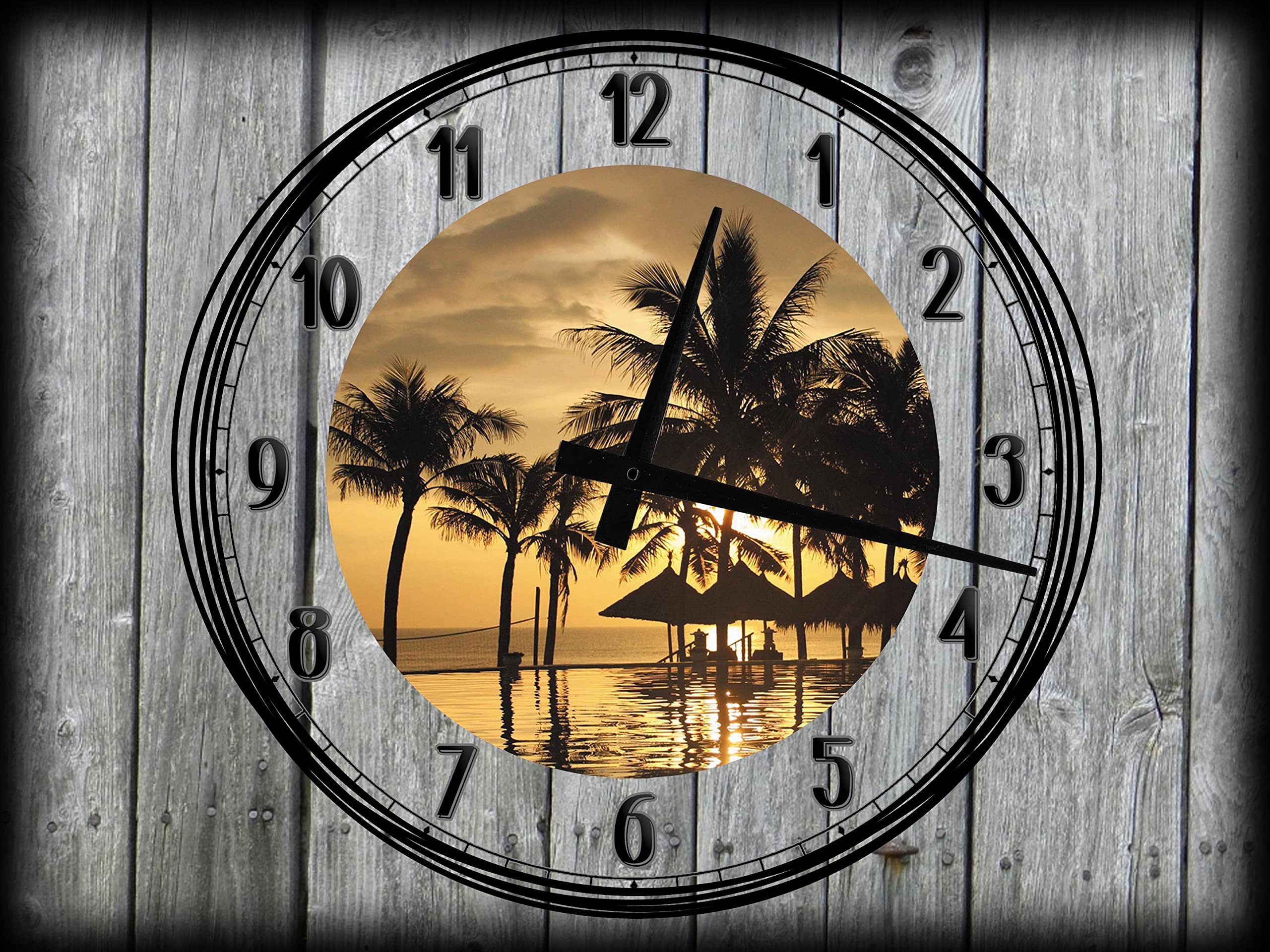 Large 12x16 Inch Wall Clock Canvas Art - Tropical Sunset with Palm Trees, Tiki Huts, Sandy Beach & Infinity Pool - Gray Wall Decor for Living Room, Bedroom & Office