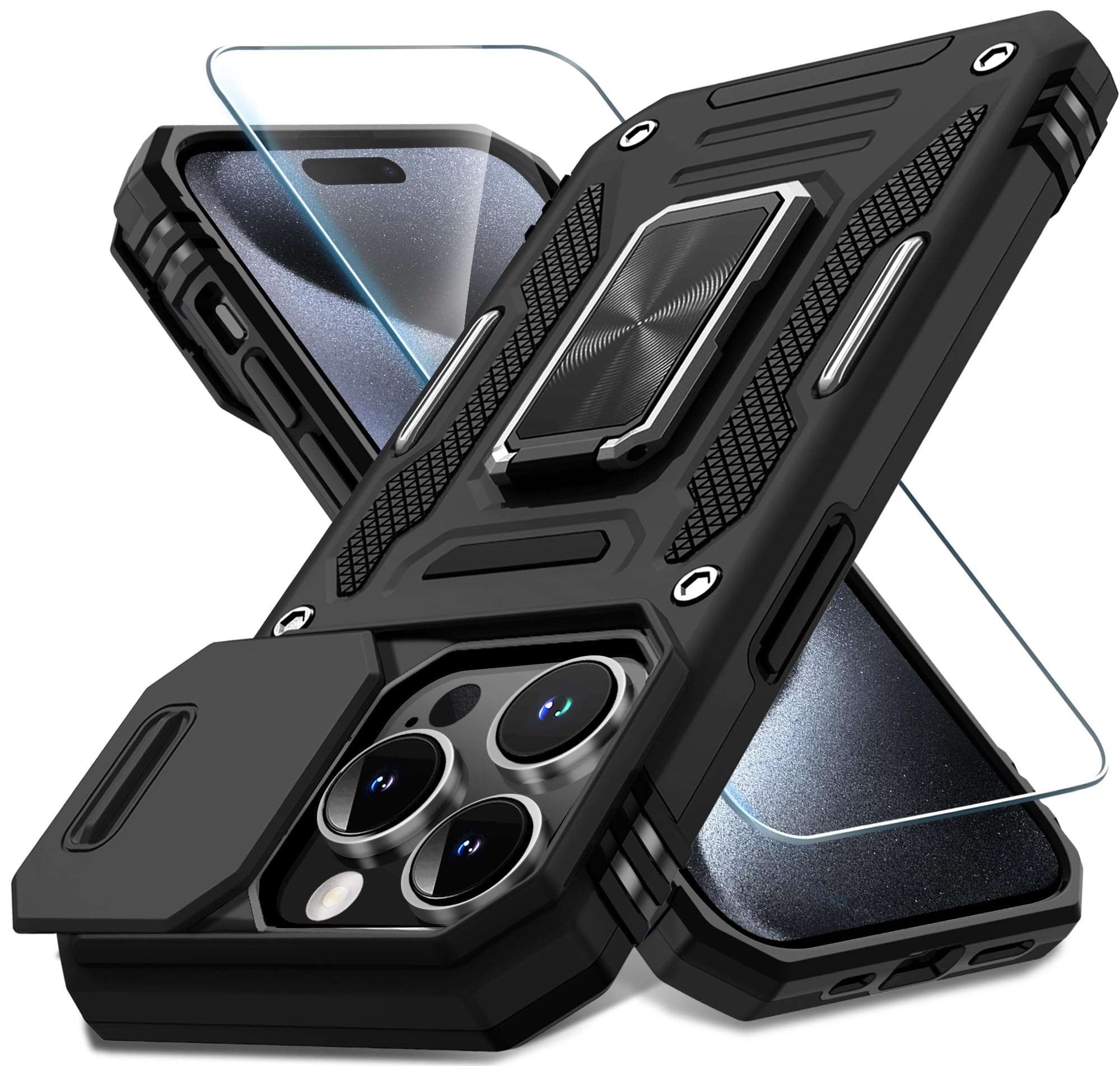 DEERLAMN iPhone 15 Pro Max Case with Slide Camera Cover & Screen Protector (6.7 Inch) - Military Grade Shockproof Protective Cover with Rotating Ring Kickstand - Black | Perfect for Outdoor Activities, Travel & Daily Protection