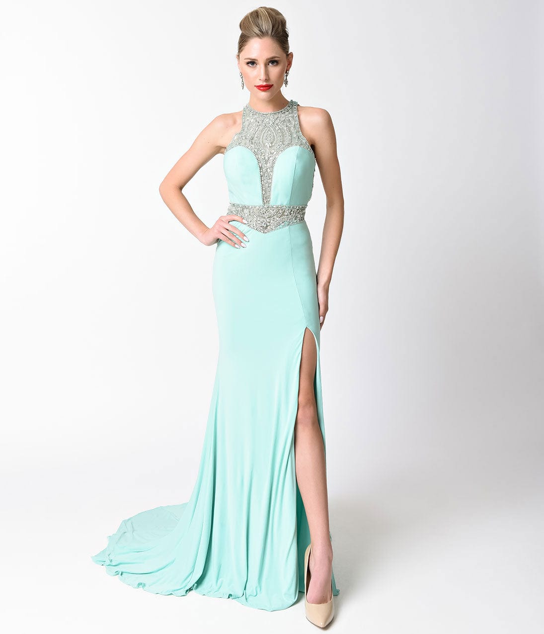 Elegant Mint Blue Fitted Jeweled Split Long Dress for Evening Gala, Prom Night & Special Occasions | Formal Party Gown with Rhinestone Details