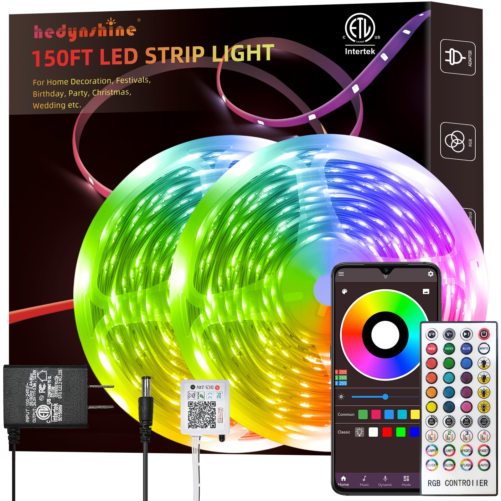 HEDYNSHINE 150ft LED Strip Lights RGB Color Changing - 40 Key Remote & Smartphone Control, Music Sync, Waterproof for Bedroom, Kitchen, Party Decor (150 Feet) - Perfect for Home Lighting, Gaming Setup, and Holiday Decorations