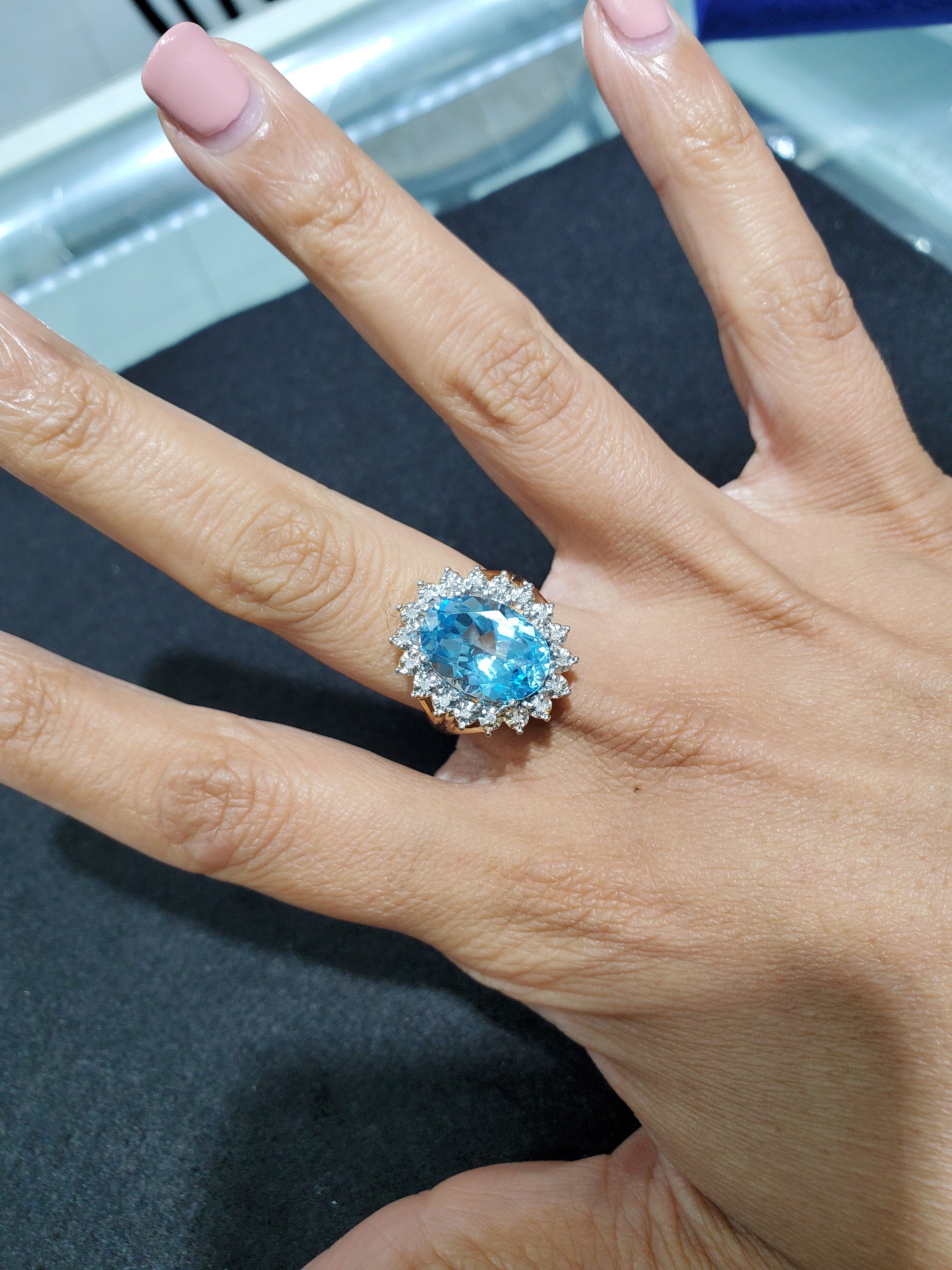 7 Carat Blue Topaz Diamond Halo Engagement Ring - Elegant Wedding Proposal Jewelry for Her, Perfect Anniversary Gift & Promise Ring