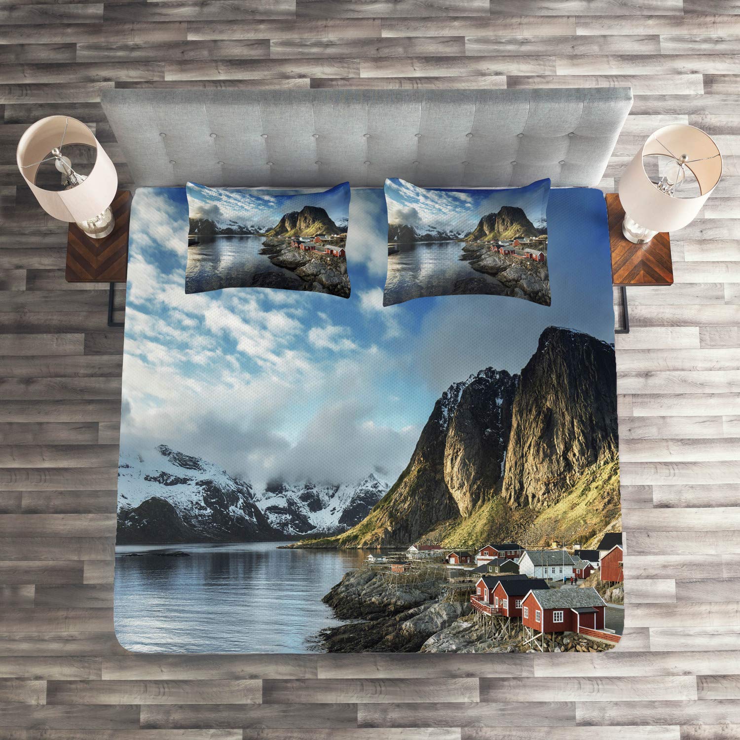 Ambesonne King Size 3-Piece Quilted Bedspread Set - Nordic Fishing Hut Autumn Scenery with Rocks & Clouds, Blue Grey White, Includes 2 Pillow Shams | Cozy Bedroom Decor for Winter, Cabin Retreat & Scandinavian Style Homes