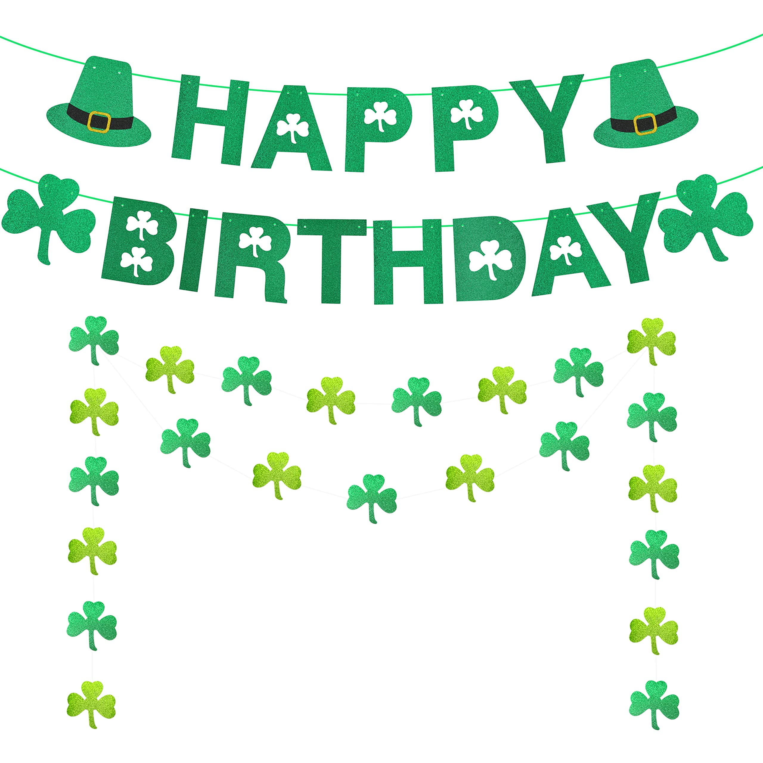 St. Patrick's Day Birthday Party Decorations - Green Glitter Happy Birthday Banner & Lucky Shamrock Garland - Pre-Assembled Irish Theme Party Supplies for Home, Office & Pub Celebrations
