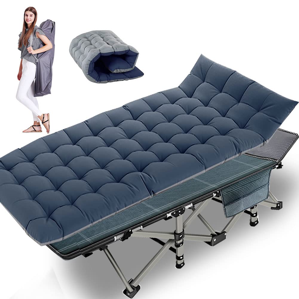 Heavy Duty Folding Camping Cot for Adults - Portable Military Sleeping Bed with Carry Bag, Blue Cot & Pad - Perfect for Outdoor Camping, Hiking, Travel & Emergency Use