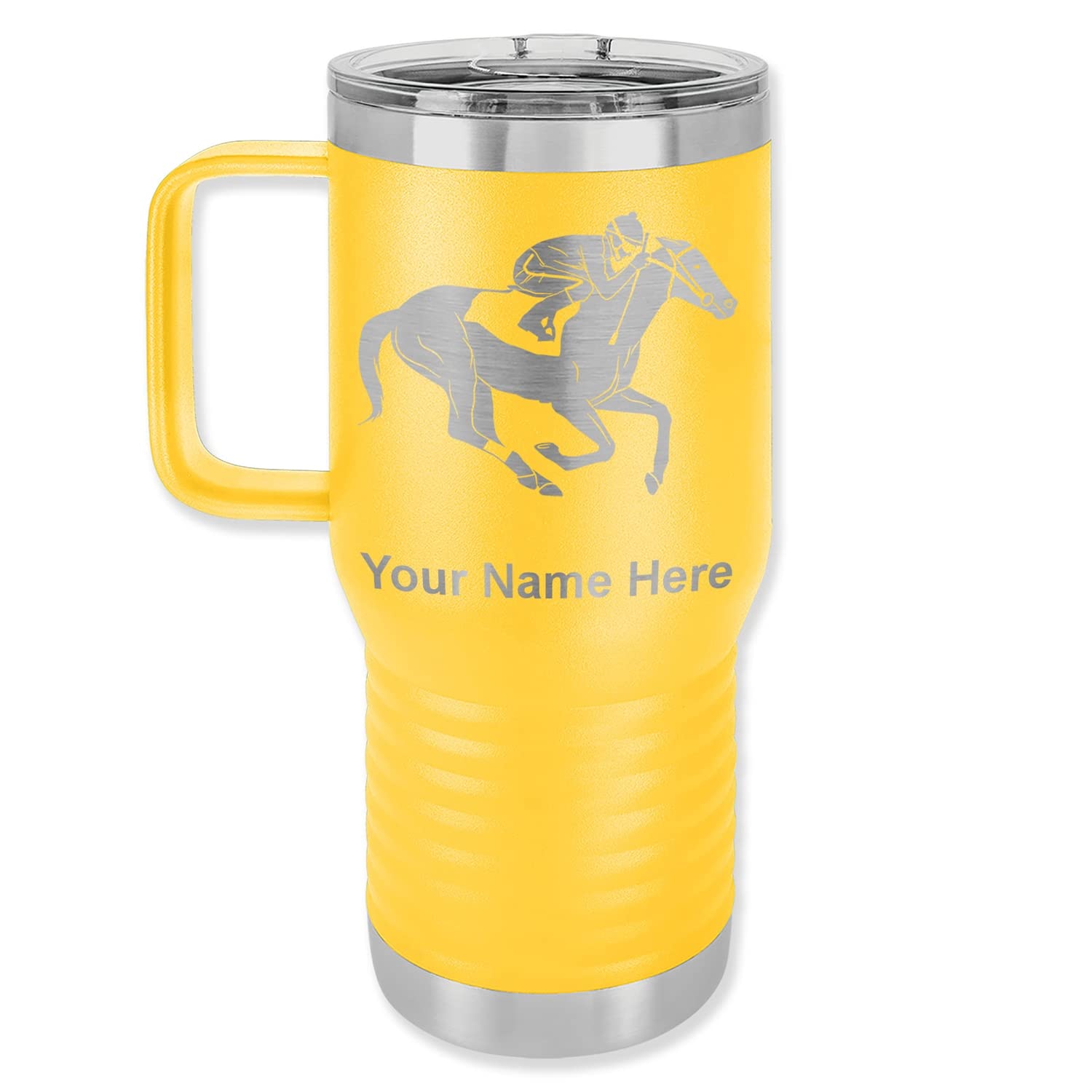 LaserGram 20oz Vacuum Insulated Stainless Steel Travel Mug with Handle - Custom Engraved Horse Racing Design (Yellow) - Perfect for Coffee, Tea & Hot/Cold Beverages on the Go, Office, Commuting & Outdoor Activities