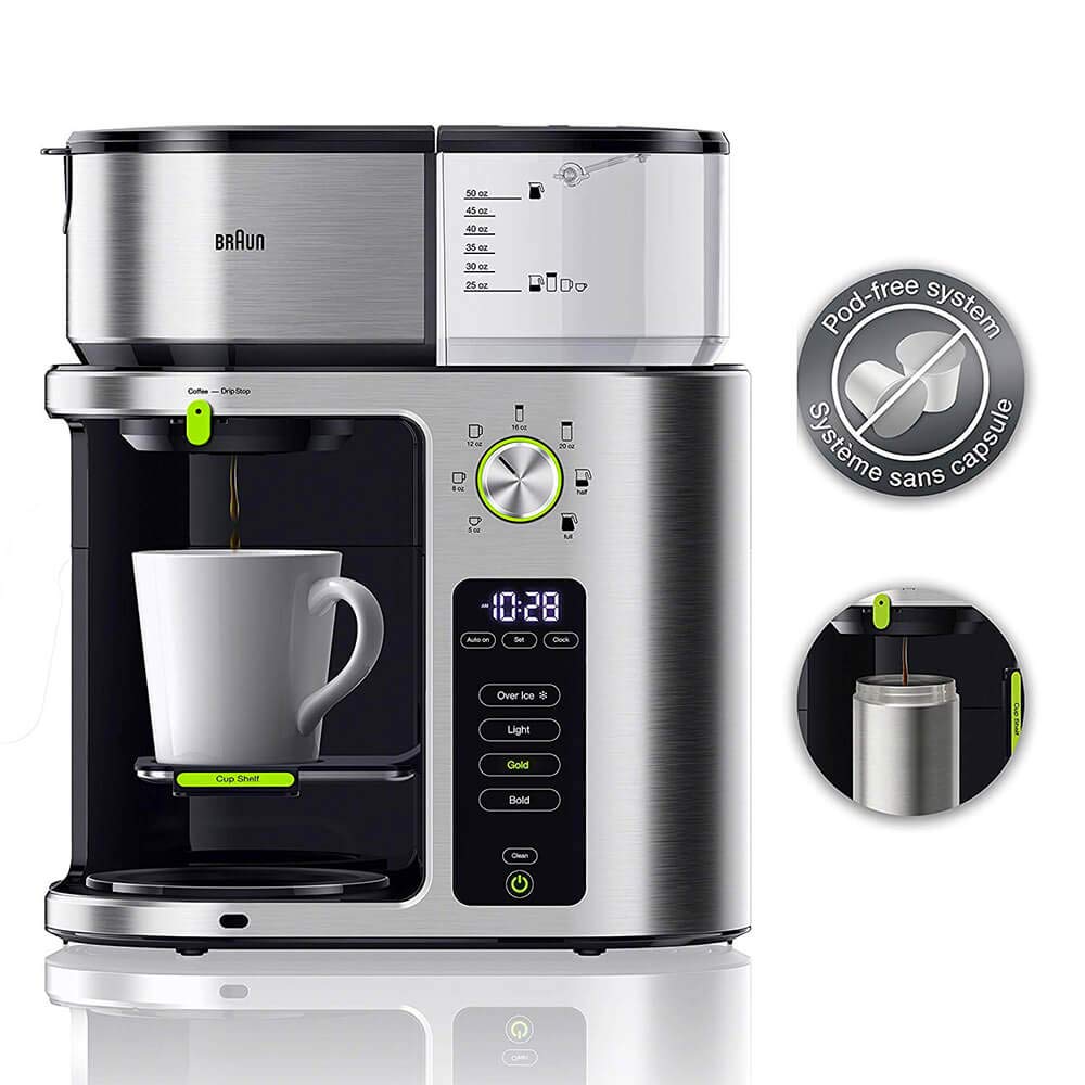 Braun MultiServe Coffee Maker with 7 Programmable Brew Sizes & 3 Strength Options - Iced Coffee & Hot Water Dispenser for Tea - 10-Cup Glass Carafe - Stainless Steel (KF9170SI) - Perfect for Home, Office & Entertaining