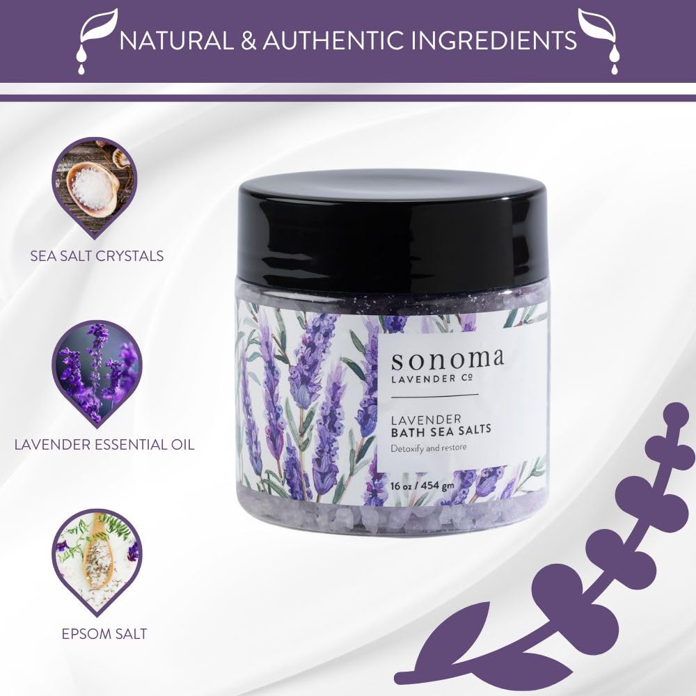 Organic Lavender Bath Salt with Epsom Salt & Essential Oils - Relaxing Stress Relief & Skin Hydration - 16oz Spa Treatment for Self Care, Aromatherapy & Better Sleep