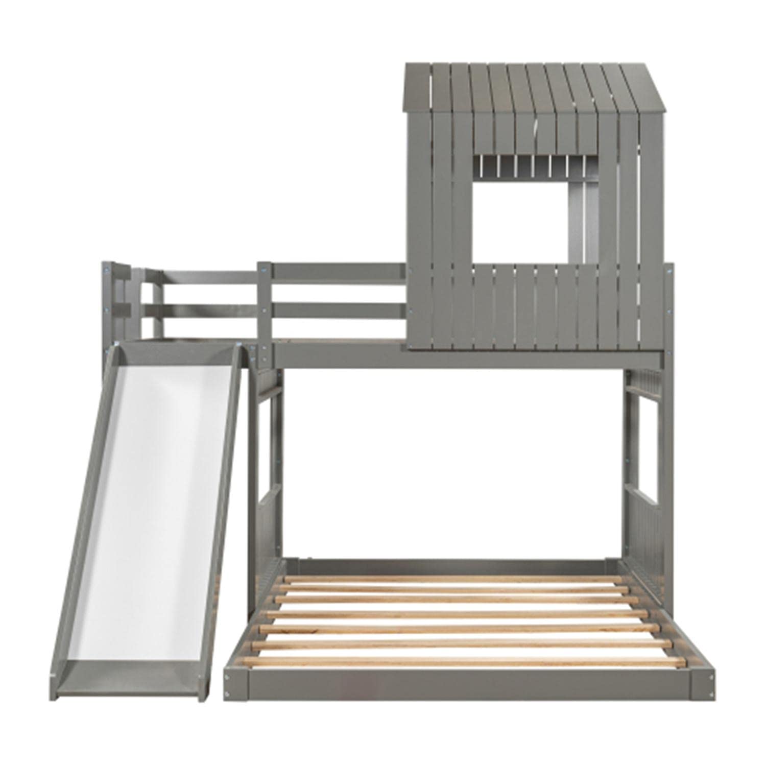 Twin Over Full Bunk Bed with Slide, Ladder & Guardrail - House-Shaped Loft Bed with Roof & Windows for Teens, Boys & Girls (Gray) - Perfect for Kids' Bedrooms, Playrooms & Space-Saving Solutions
