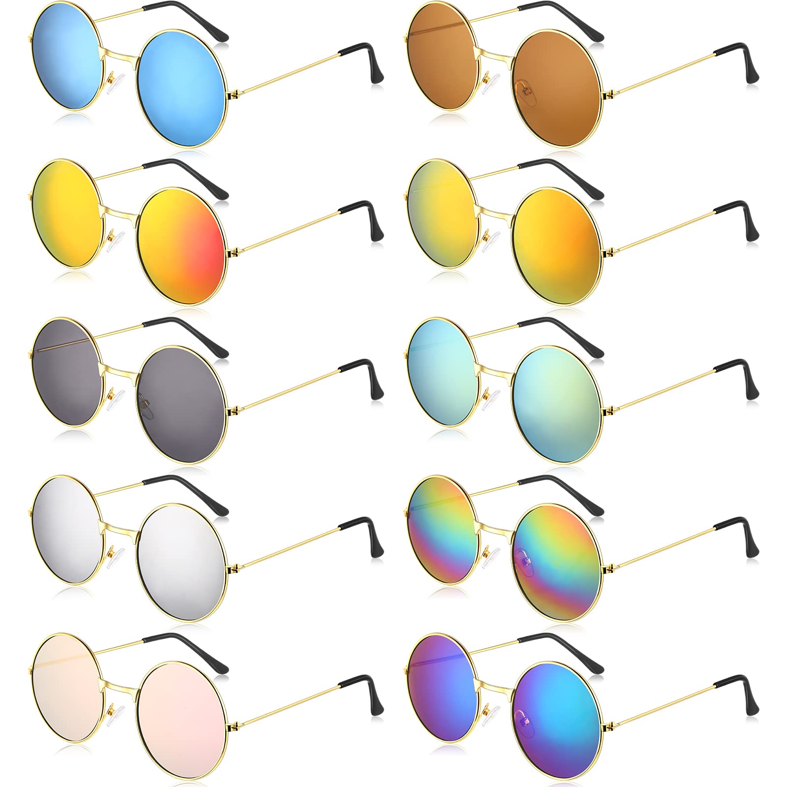 Blulu 10 Pairs Round Hippie Sunglasses - Vintage 60s Style Circle Sunglasses for Women & Men - Gold Frame Retro Shades - Perfect for Music Festivals, Beach Days & Summer Outfits