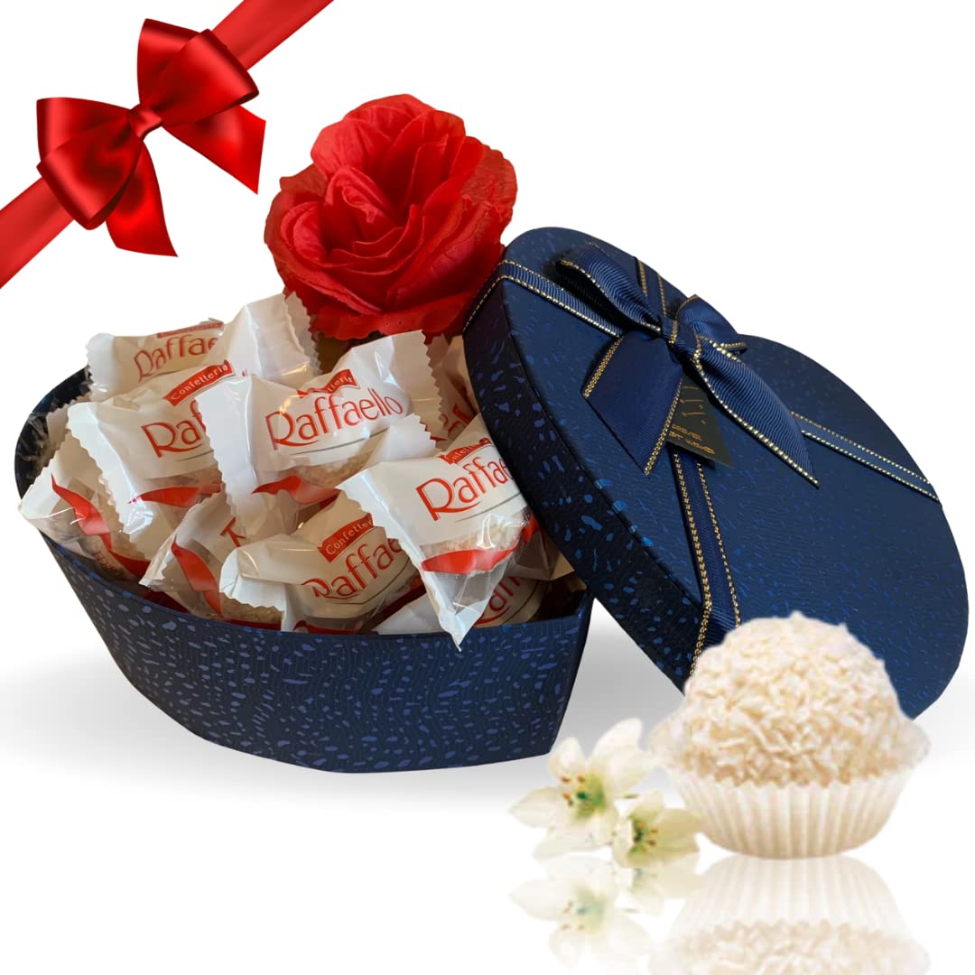 NARAMAKI® Elegant Heart-Shaped Gift Box with 180g Raffaello Chocolates & Red Decorative Rose - Perfect for Easter 2025 & Mother's Day 2025 Gifts - Ideal for Romantic Surprises, Anniversary Presents & Special Occasions