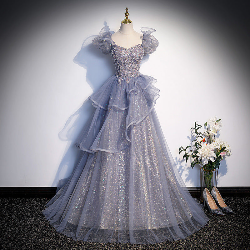 Elegant Gray A-Line Shiny Prom Dress with Puff Sleeves - Formal Evening Gown for Sweet 16 Party, Homecoming, and Special Occasions