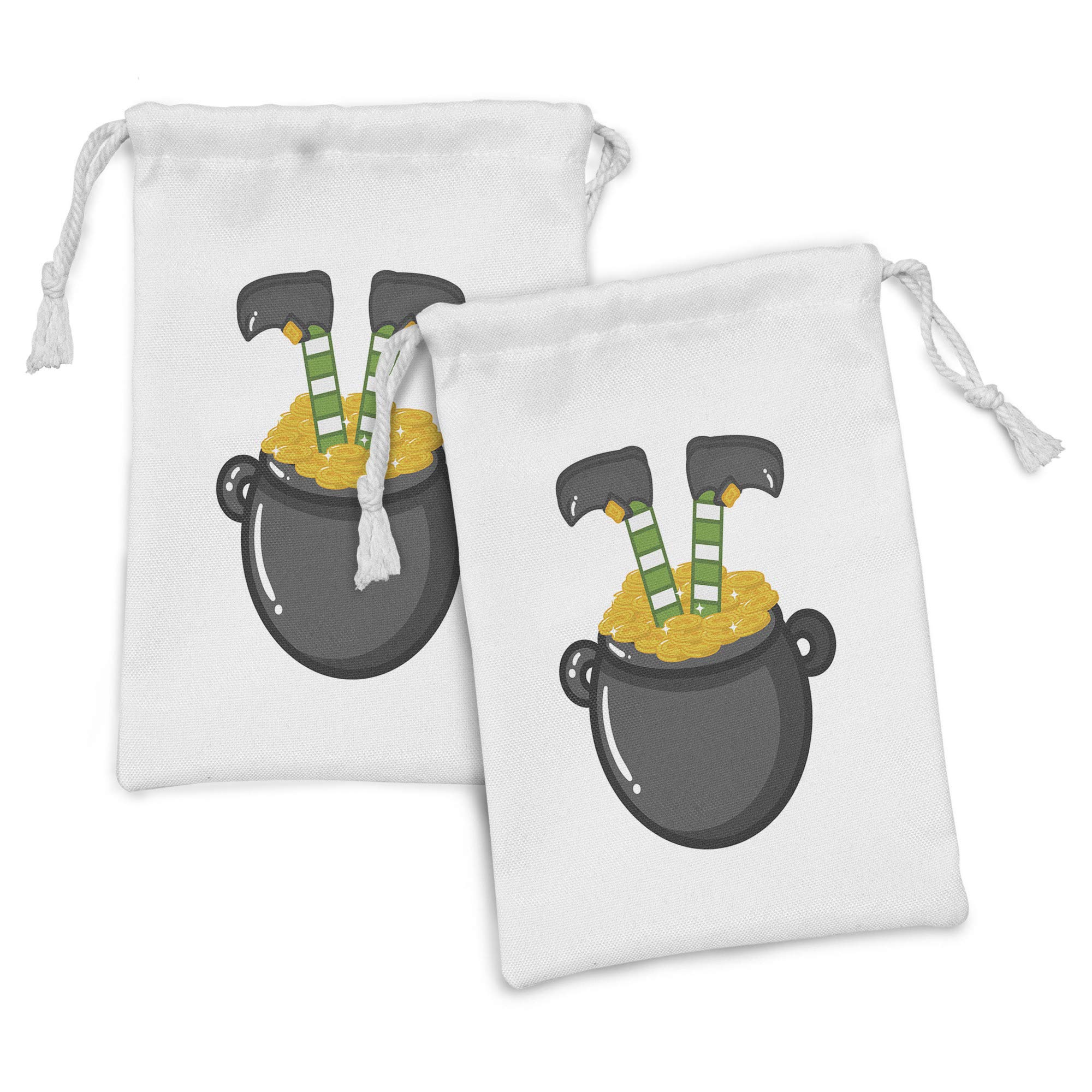Ambesonne Leprechaun Fabric Pouch Set of 2 - Funny Upside Down Elf Legs in Pot of Coins, Small Drawstring Bag for Toiletries, Masks & Party Favors, 9