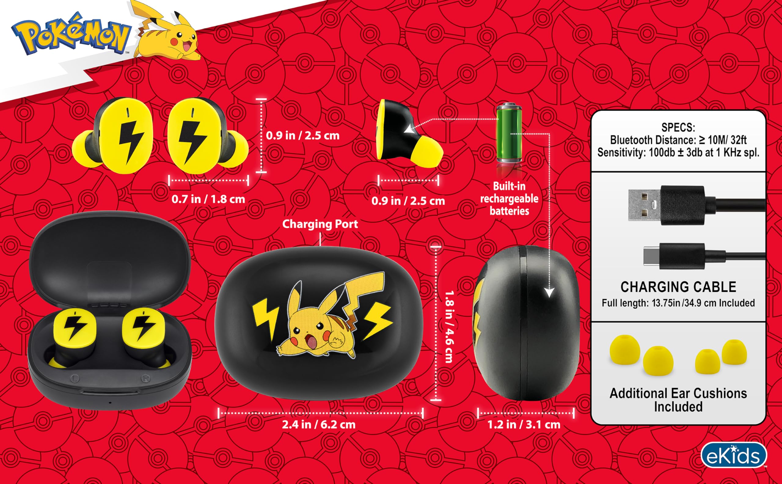 eKids Wireless Bluetooth Earbuds with Microphone & Charging Case - Noise Cancelling Headphones for School, Home, Travel & Gaming (Pokemon Edition) | Perfect for Online Classes, Workouts & Commuting