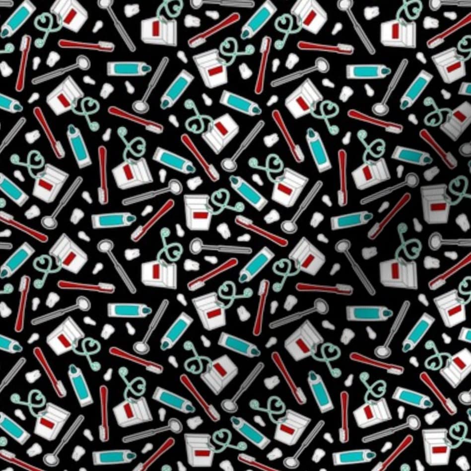 Cute Dentist Dental Print Black Small Scale Teeth Toothbrush Cotton Fabric - Fat Quarter for Sewing, Quilting, Apparel & Crafts | Perfect for DIY Scrubs, Face Masks & Home Decor