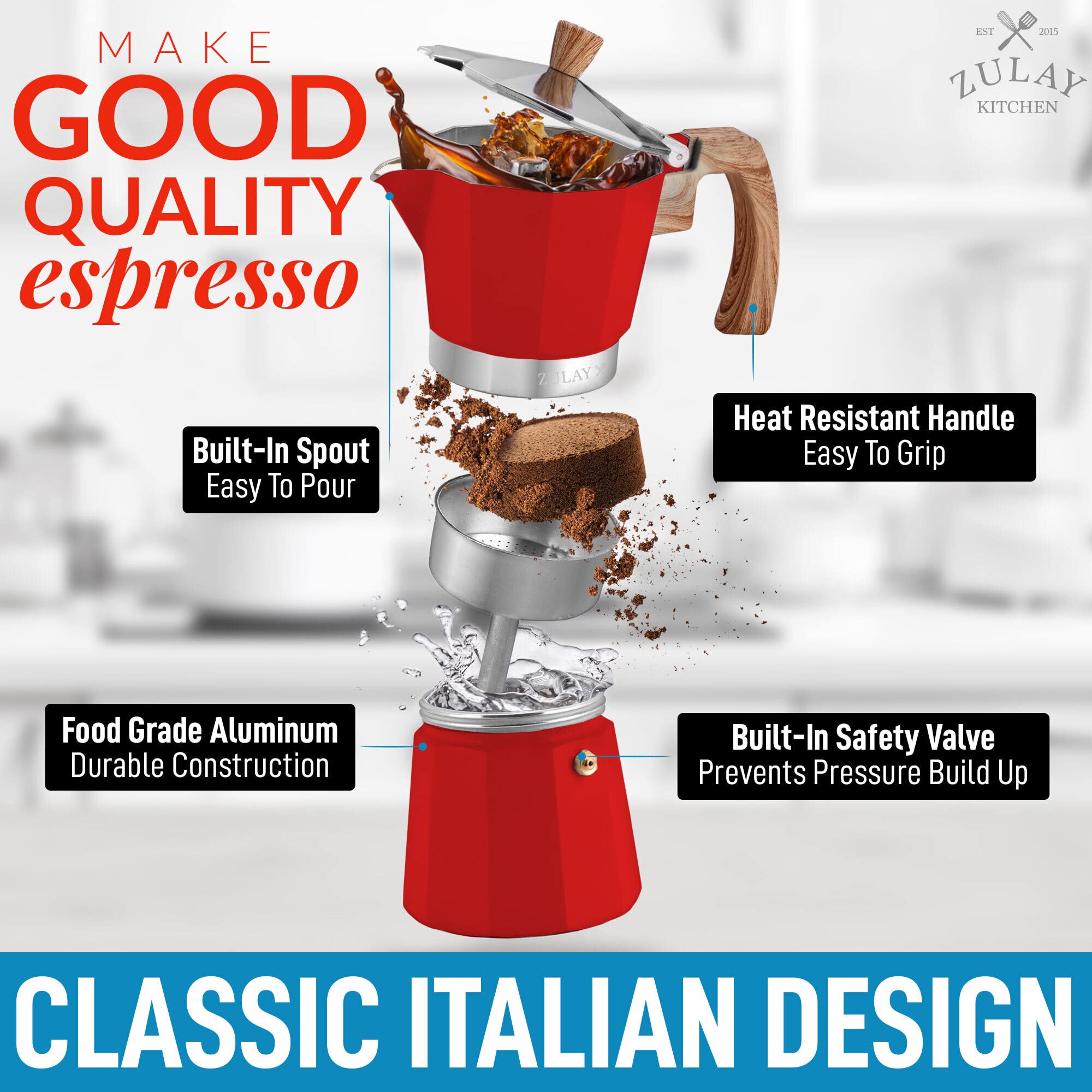 Zulay Stovetop Espresso Maker - 3 Cup Moka Pot for Classic Italian & Cuban Coffee - Portable Percolator for Camping, Travel & Home Use - Stainless Steel Coffee Maker (Red) - Perfect for Outdoor Adventures & Morning Brews