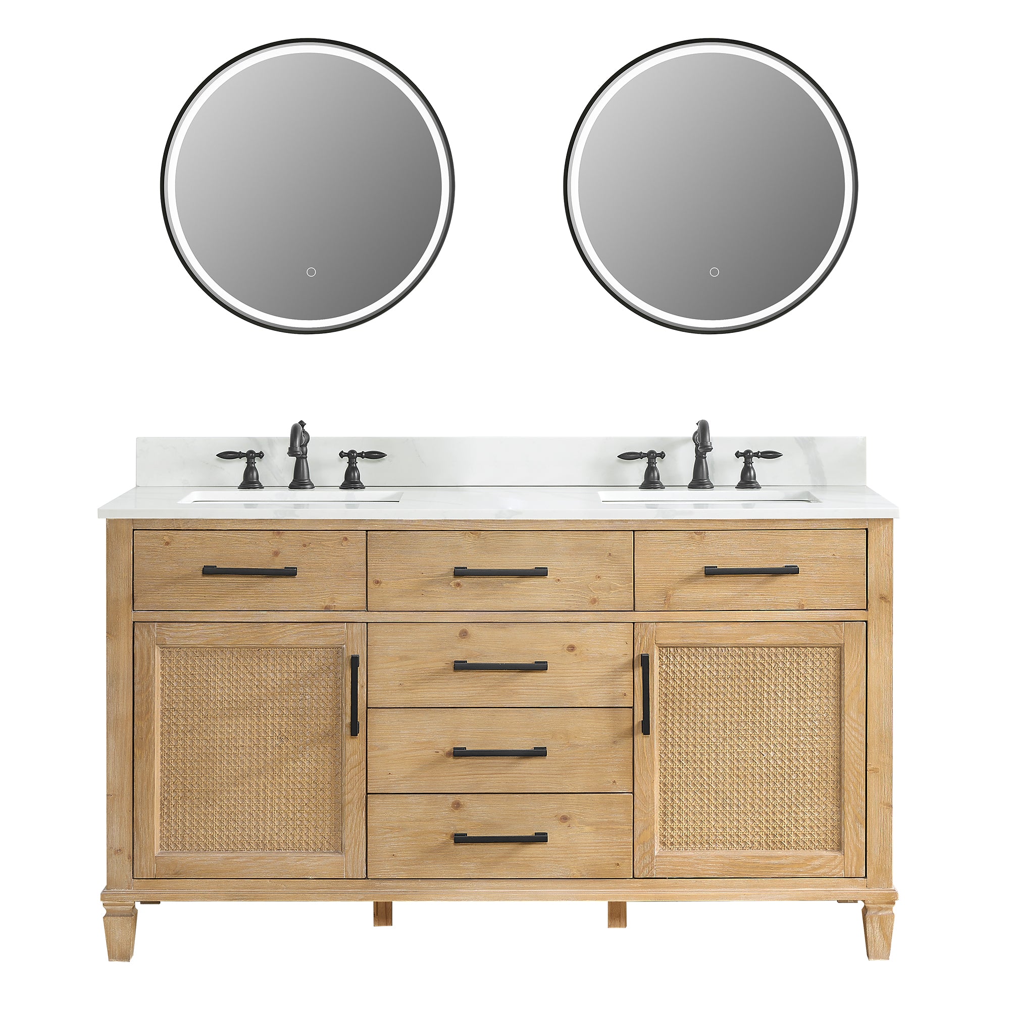 Solana 60-Inch Double Sink Bathroom Vanity in Weathered Fir with Calacatta White Quartz Countertop - Perfect for Modern Master Bathrooms & Guest Suites
