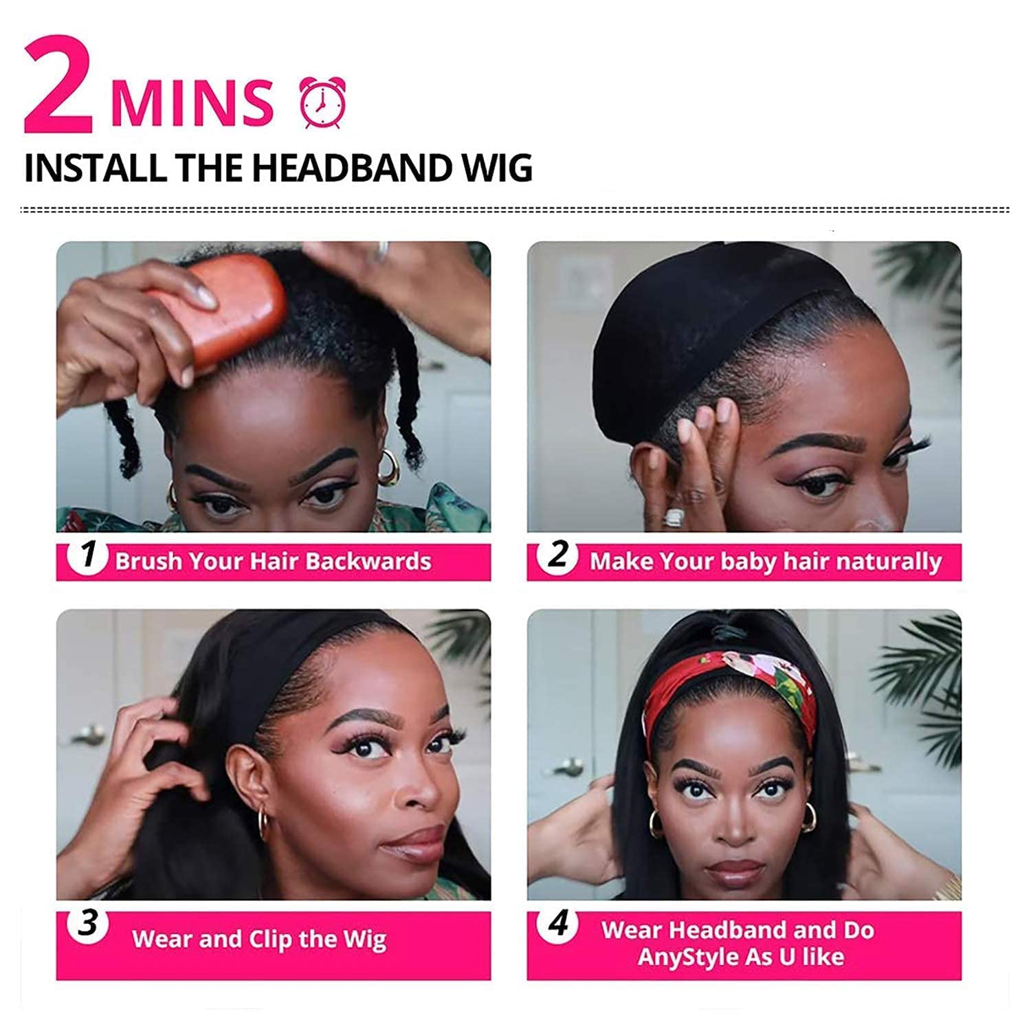 TNICE 16 Inch Headband Wig for Black Women - Brazilian Virgin Human Hair, Straight & Glueless No Lace Front Wig, 150% Density, Natural Color - Perfect for Daily Wear, Parties & Protective Hairstyles
