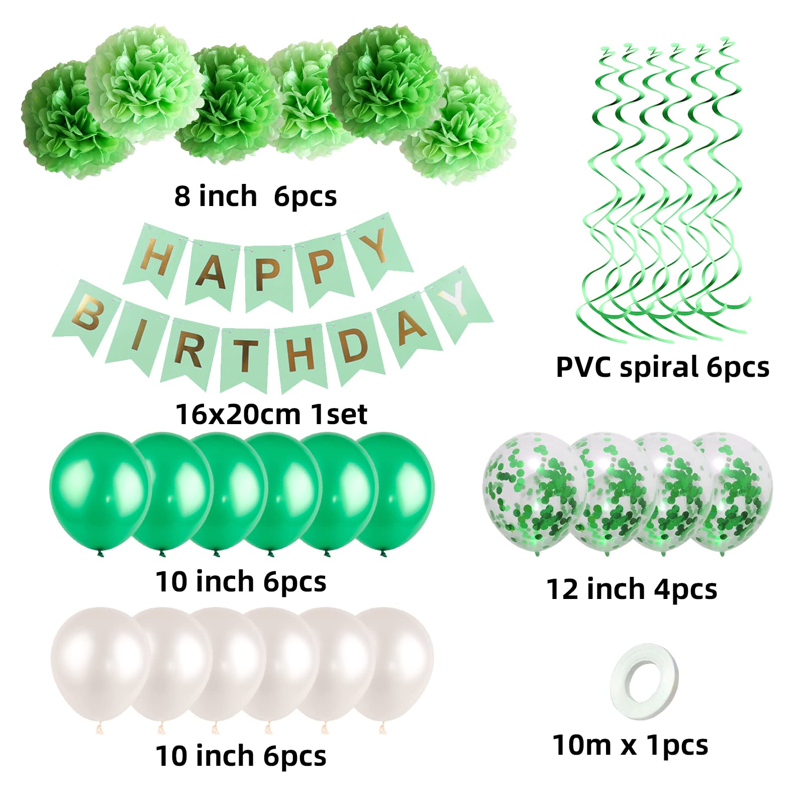Green Birthday Party Decorations Kit - Happy Birthday Banner, Spiral Charm, Paper Flower Ball, Latex & Confetti Balloons for Girls & Boys Birthday Party Supplies | Perfect for Indoor/Outdoor Birthday Celebrations, Baby Showers & Special Events