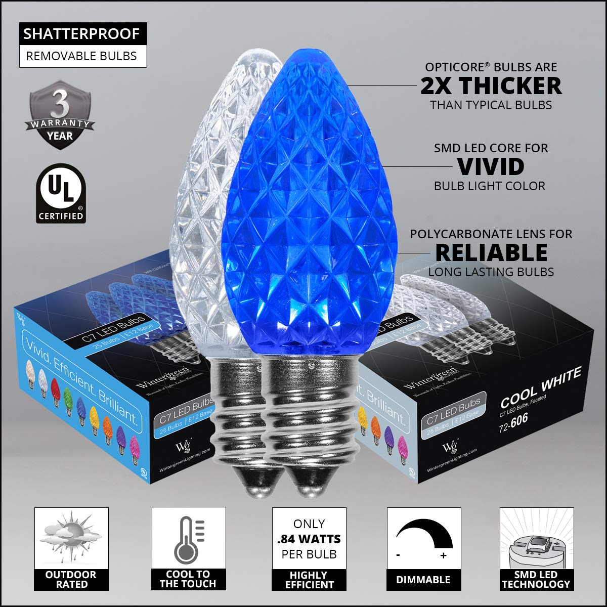 Wintergreen Lighting 50ft OptiCore LED C7 Blue & White Christmas Pathway Lights - Outdoor Landscape Lighting with 4.5