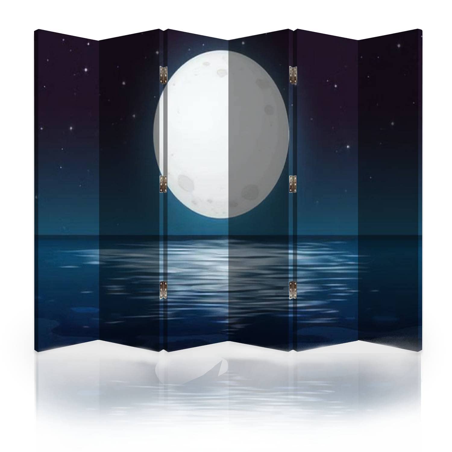6-Panel Canvas Room Divider Screen - Full Moon Night Ocean Design | Folding Privacy Partition for Bedroom, Office & Living Space | Decorative Wall Separator for Home & Commercial Use