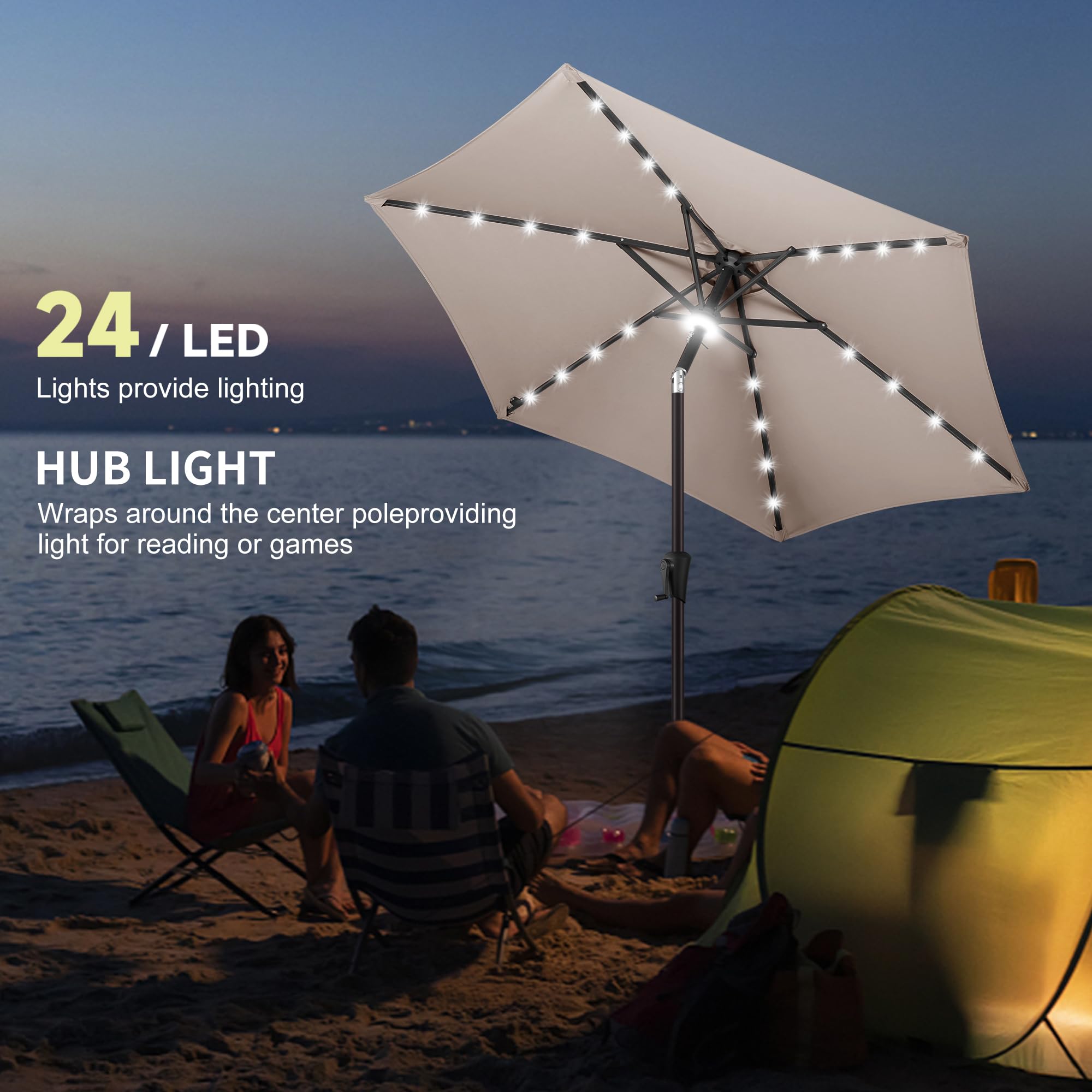 7.5ft Solar Powered LED Patio Umbrella with Tilt & Crank - Waterproof UV Protection Outdoor Table Umbrella for Pool, Garden, Deck, Backyard (Taupe) | Perfect for Summer Evenings, Outdoor Dining & Relaxation