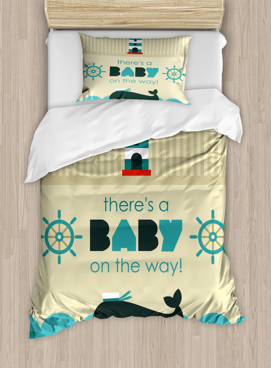 Ambesonne Baby Reveal Party Duvet Cover Set - 'Little One on The Way' Marine Theme with Dolphins & Ship Wheel - 2 Pack King Size Dark Blue Khaki Teal Bedding Set (2 Duvet Covers + 4 Pillowcases) - Perfect for Gender Reveal Parties, Nursery Decor & Ocean-Themed Bedrooms