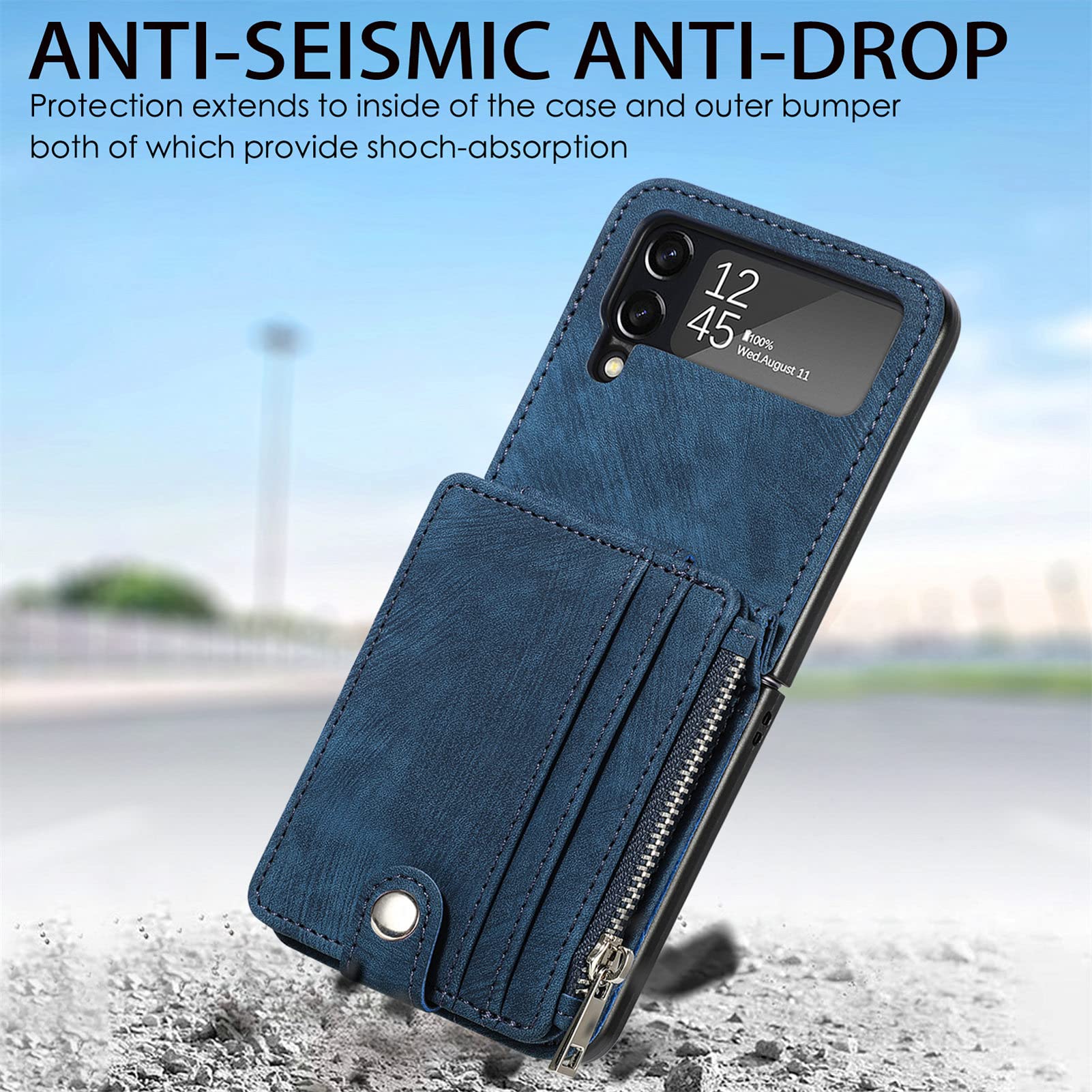 Samsung Galaxy Z Flip 4 Leather Wallet Case with Detachable Card Holder & Magnetic Kickstand - Shockproof Minimalist Front Pocket Phone Cover for Men & Women (Blue) | Perfect for Everyday Use, Travel, and Business Meetings