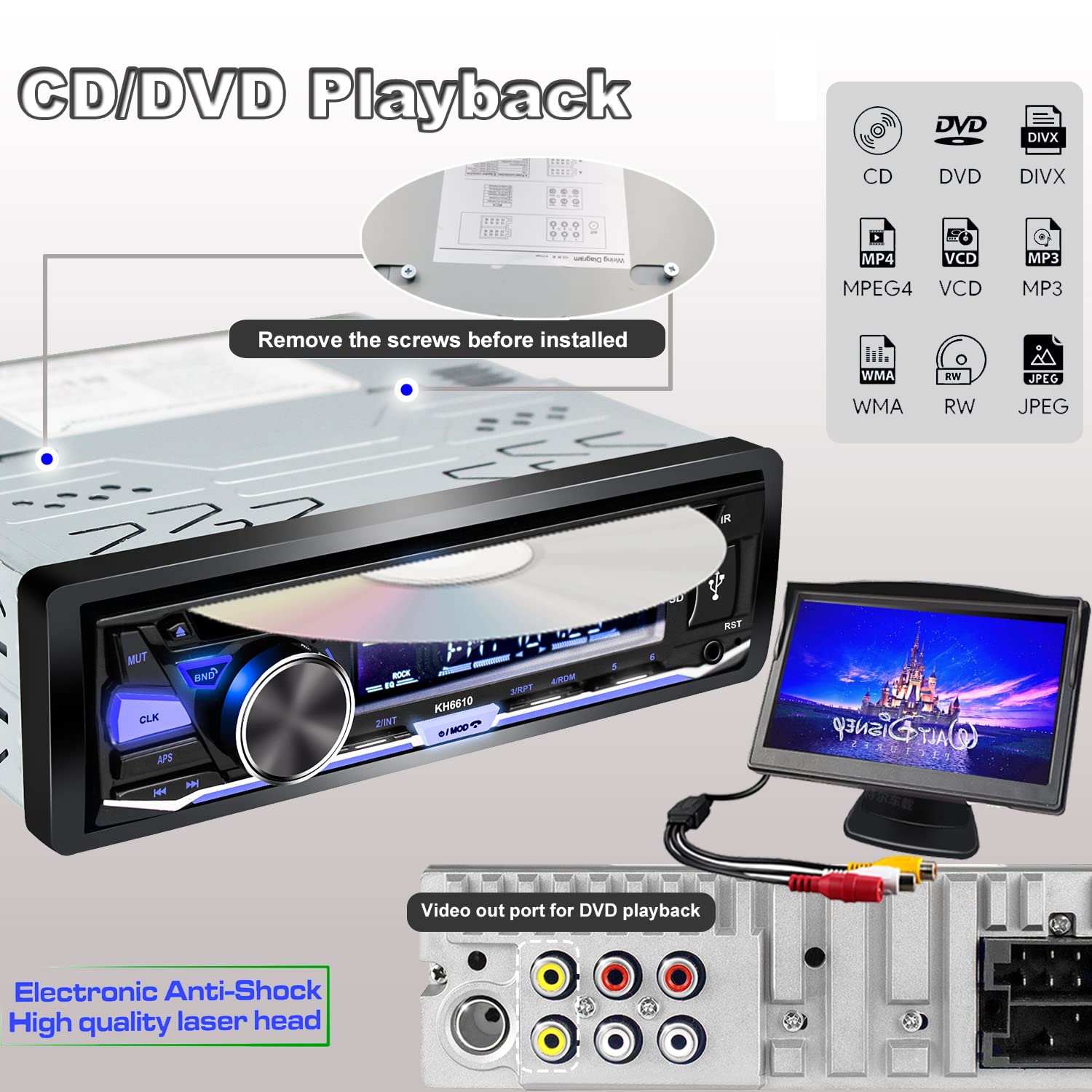 Alondy Single Din Car Stereo with CD/DVD Player, Bluetooth, FM/AM/RDS Radio, USB/SD/AUX Input - In-Dash Multimedia Receiver for Cars & Trucks - Perfect for Road Trips & Daily Commuting