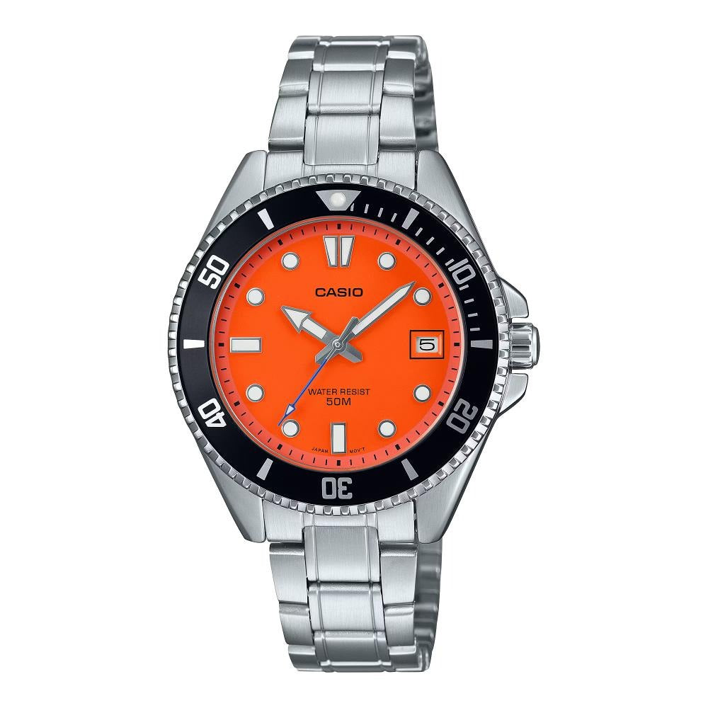 Casio MDV-10D-4A1VDF Men's Stainless Steel Analog Watch with Orange Dial - Durable Waterproof Watch for Diving, Swimming & Outdoor Adventures