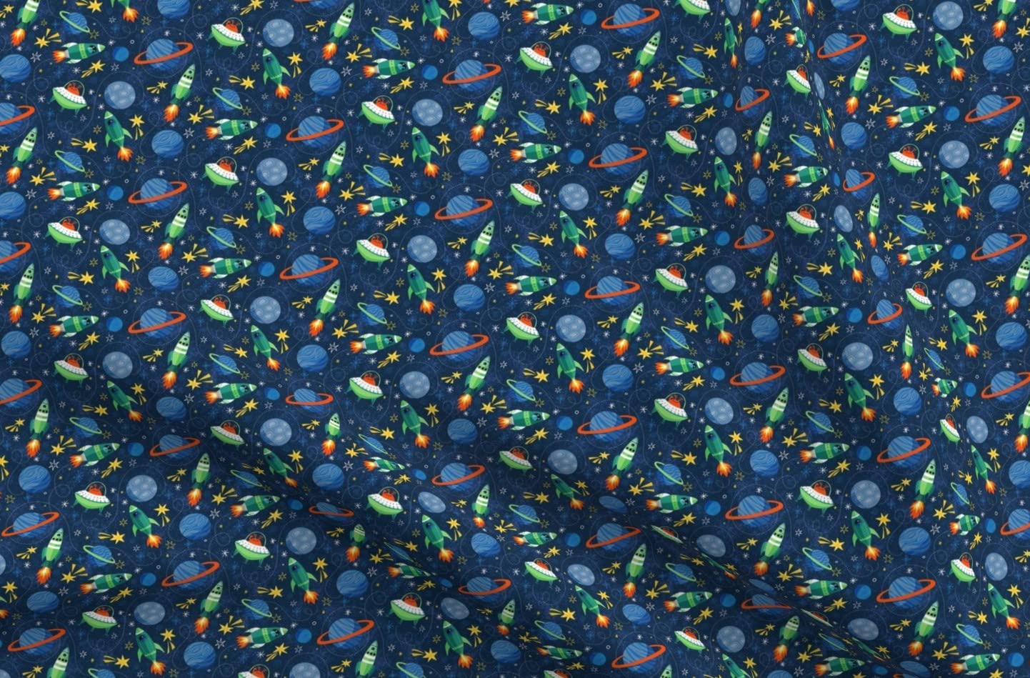 Premium Spoonflower Fabric - Ditsy Rocket Blastoff Space Design with Spaceships & Planets Printed on Petal Signature Cotton - Fat Quarter for Sewing, Quilting, Apparel, Crafts & Home Decor | Perfect for DIY Projects, Baby Clothes & Space-Themed Room Decor