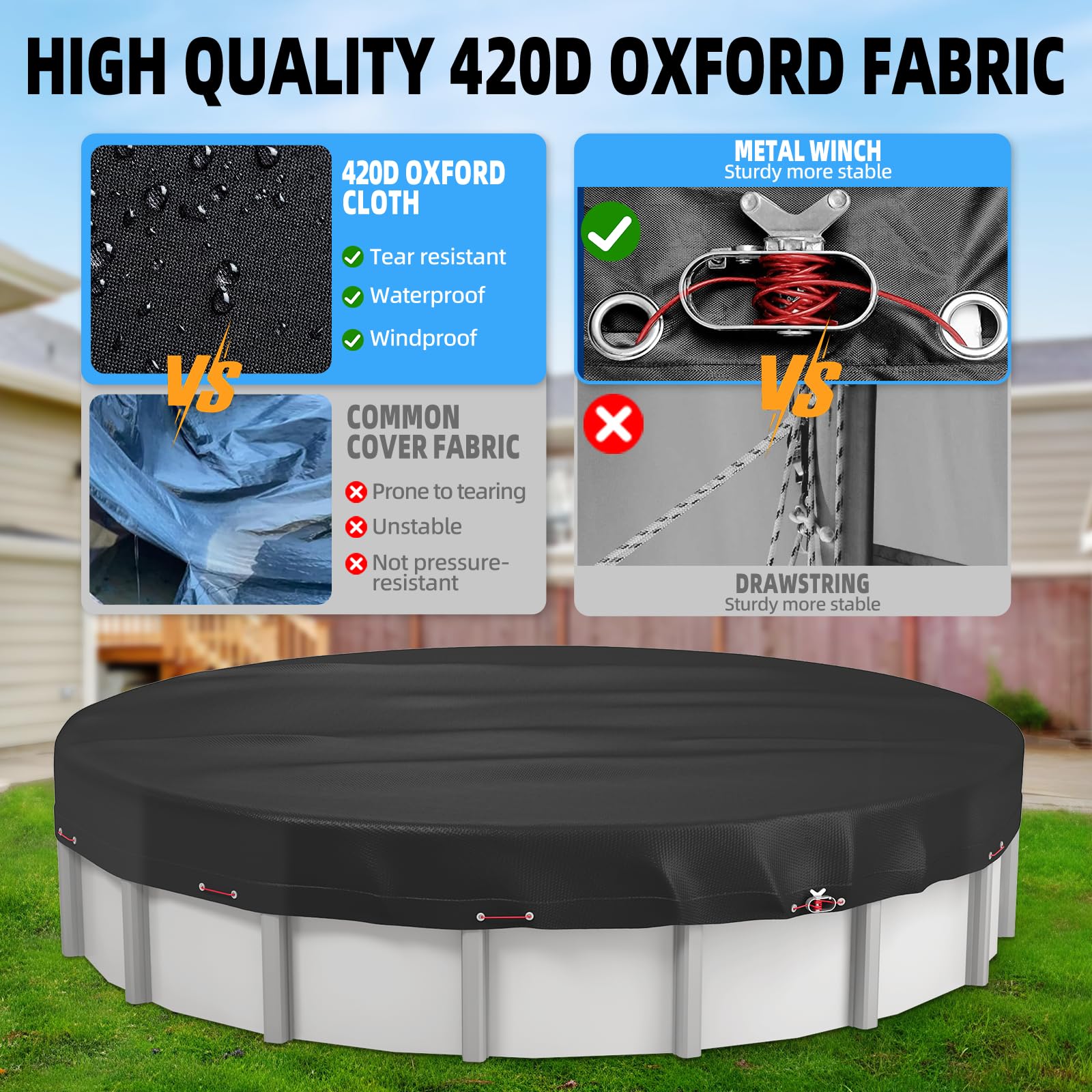 10Ft Round Above Ground Pool Cover - Heavy Duty Oxford Fabric with Winch & Cable - All Season UV Resistant, Waterproof, Dustproof Inflatable Pool Cover - Perfect for Winter Protection & Summer Maintenance