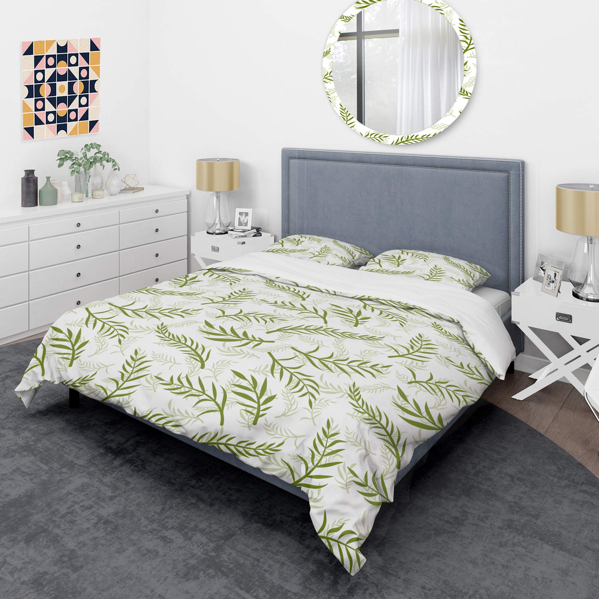 Tropical Botanicals Mid-Century Modern Duvet Cover Set - King Size 3-Piece Bedding in Green | All-Season Luxury Bed Sheets for Master Bedroom & Guest Room Decor