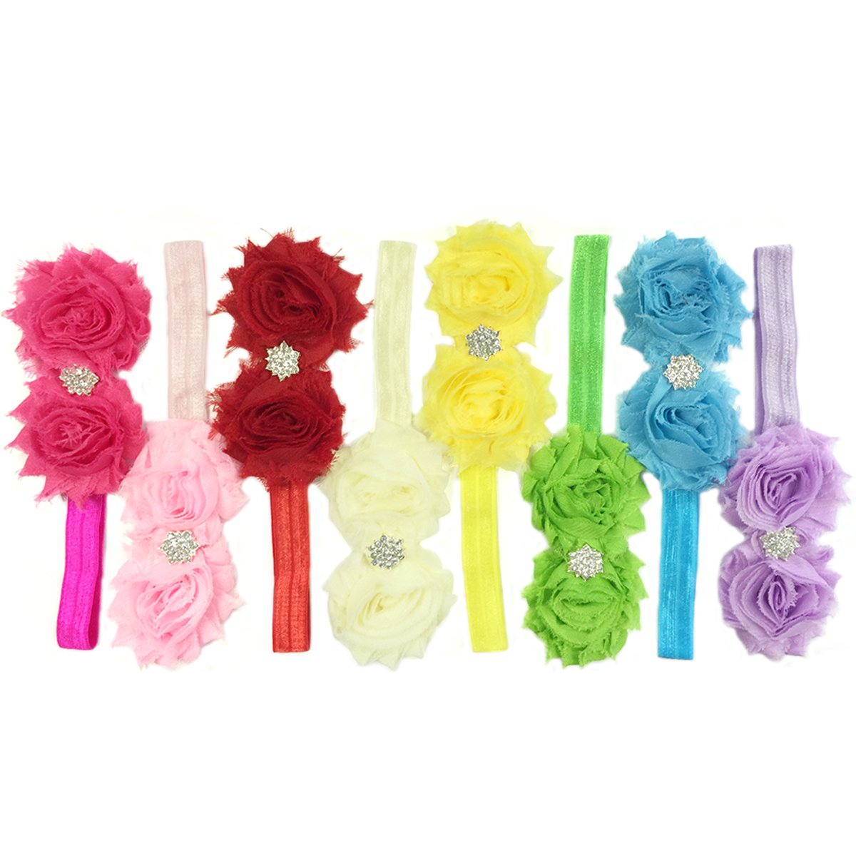 8-Piece Frayed Shabby Chic Double Rose Baby Headbands Set | Newborn Infant Hair Accessories for Girls | Perfect for Photography, Birthday Parties & Special Occasions