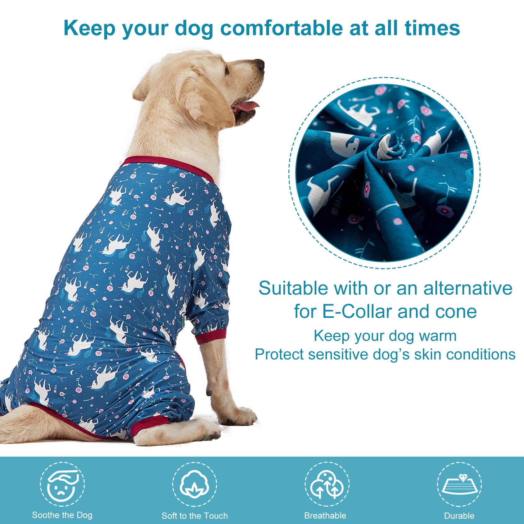 LovinPet Large Dog Shirt - Anti Licking Dog Undershirt for Coats, Anxiety Relief Onesie, Floral Pony Navy Print, Large Breed Dog Clothes & Pajamas | Perfect for Cold Weather, Post-Surgery Recovery, and Calming Anxious Pets
