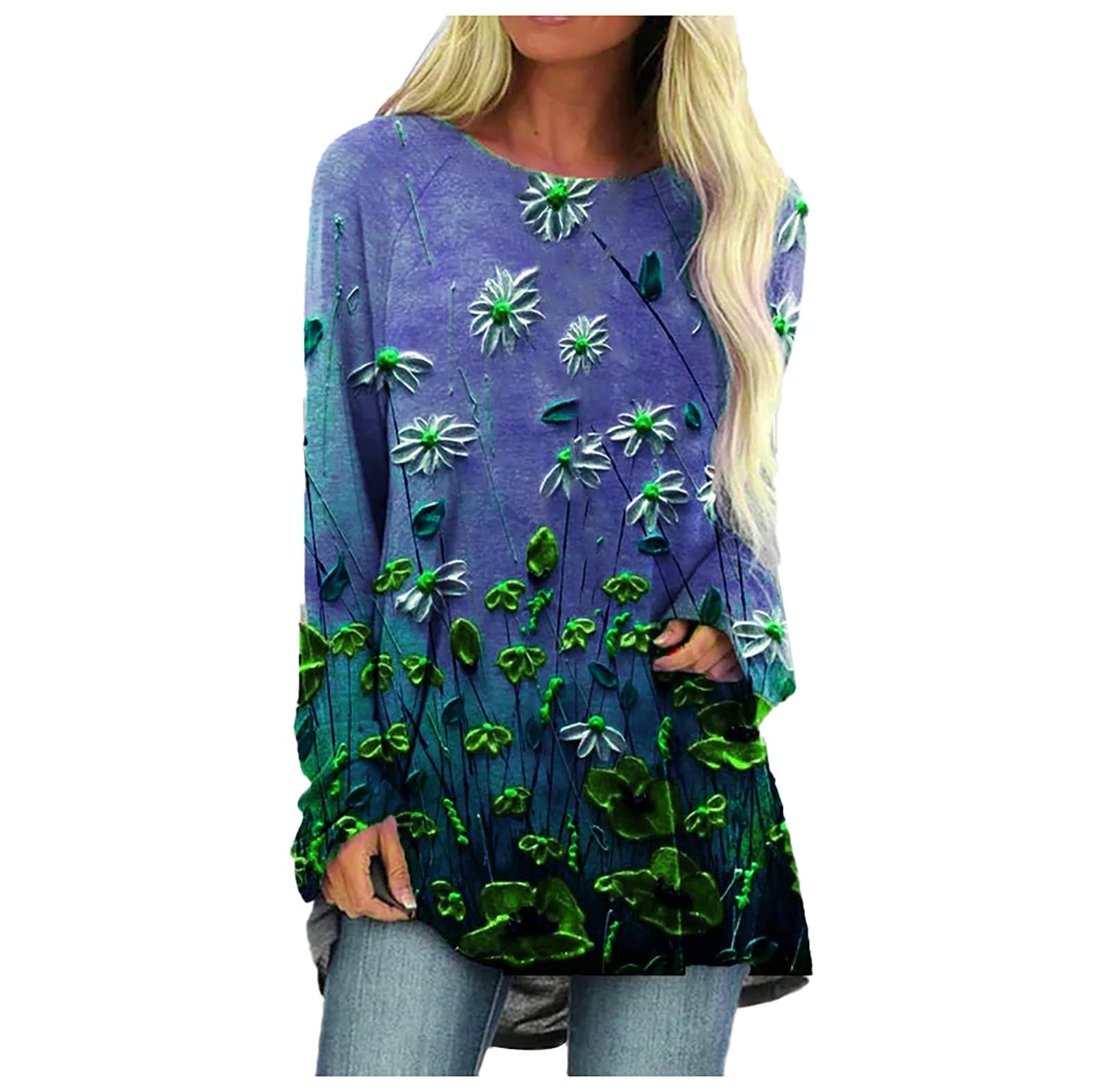 Women's Floral Print Rayon Pullover Tee - Round Neck Long Sleeve Blouse for Girls & Women | Perfect for Casual Wear, Office Outfits & Spring Fashion