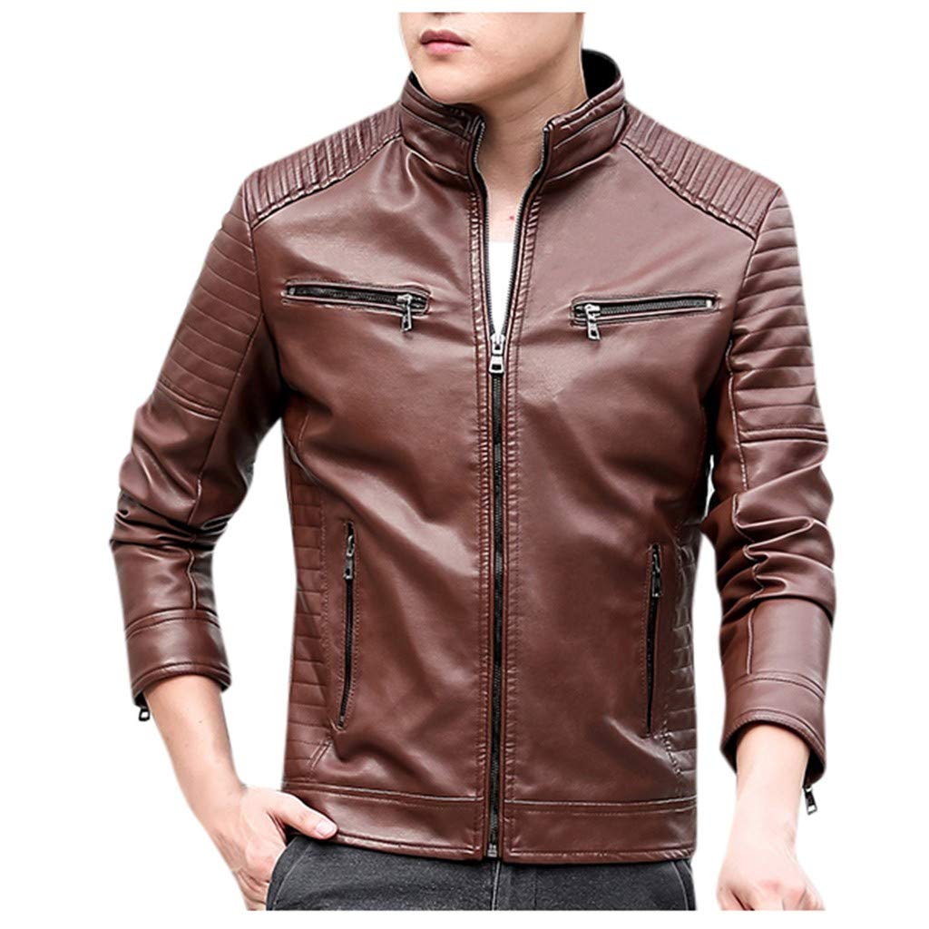 Qingang Men's Winter Leather Biker Jacket - Motorcycle Zipper Long Sleeve Coat with Lapel - Coffee Brown - Perfect for Riding, Outdoor Activities & Casual Wear