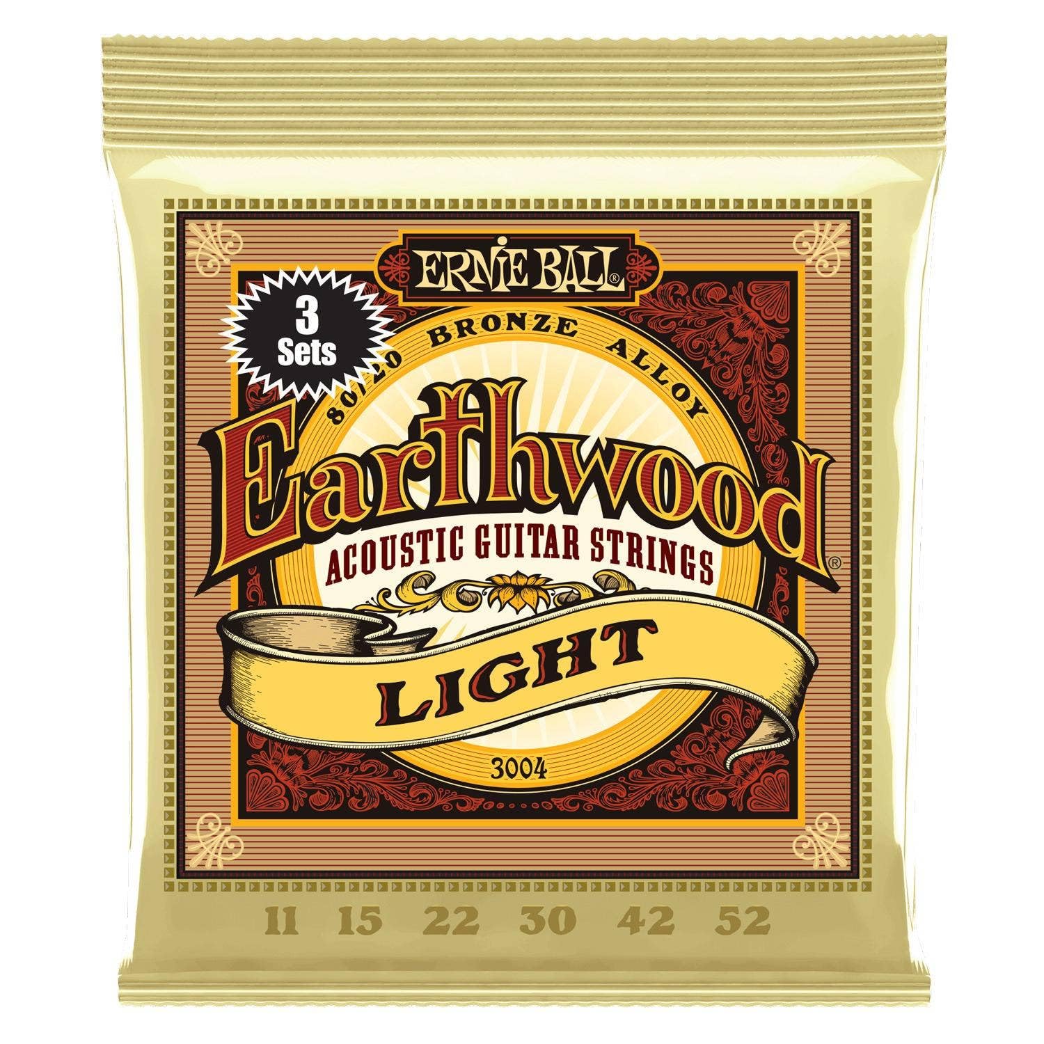 Ernie Ball Earthwood Light 80/20 Bronze Acoustic Guitar Strings 3-Pack - 11-52 Gauge (P03004) | Premium Sound for Folk, Country & Fingerstyle Playing