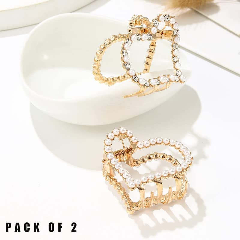 BELICIA Gold Pearl Hair Claw Clips - Mini Nonslip Hair Accessories for Women & Girls, Perfect for Fine Hair (Pack of 2) | Great for Daily Use, Parties, Weddings & Special Occasions