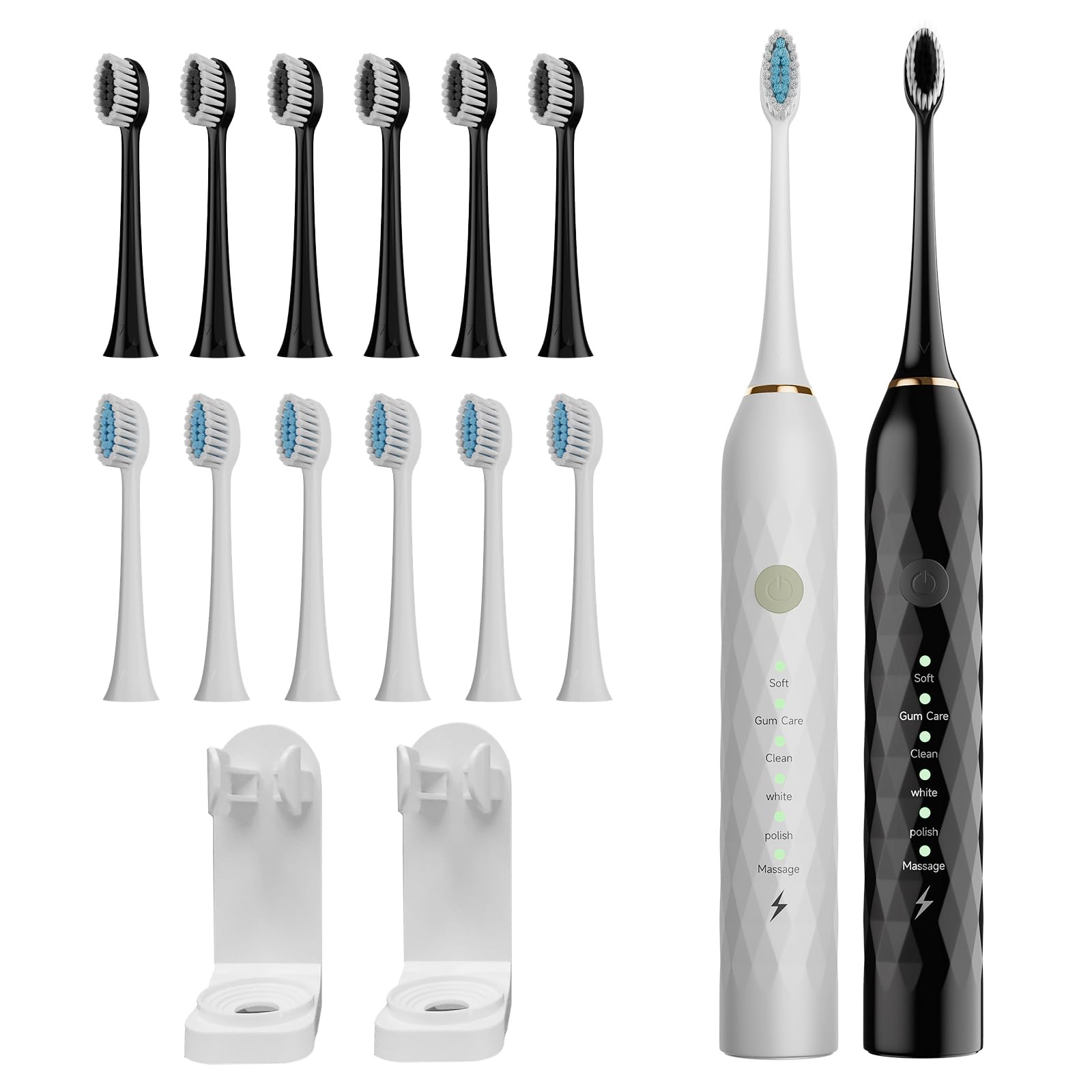 Premium Electric Toothbrush 2 Pack for Adults - 10 Replacement Brush Heads, 2 Holders, 6 Cleaning Modes & Smart Timer - 2 Hour Fast Charge Lasts 60 Days (Black & White) - Perfect for Travel, Home & Family Oral Care