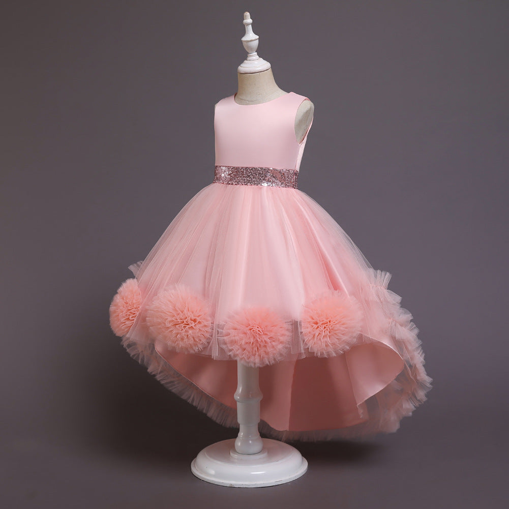 Easter Baby Girl Dress - Floral Puffy Sleeve Princess Party Gown with Pom Pom Details for Birthday, Flower Girl, Pageant & Special Occasions