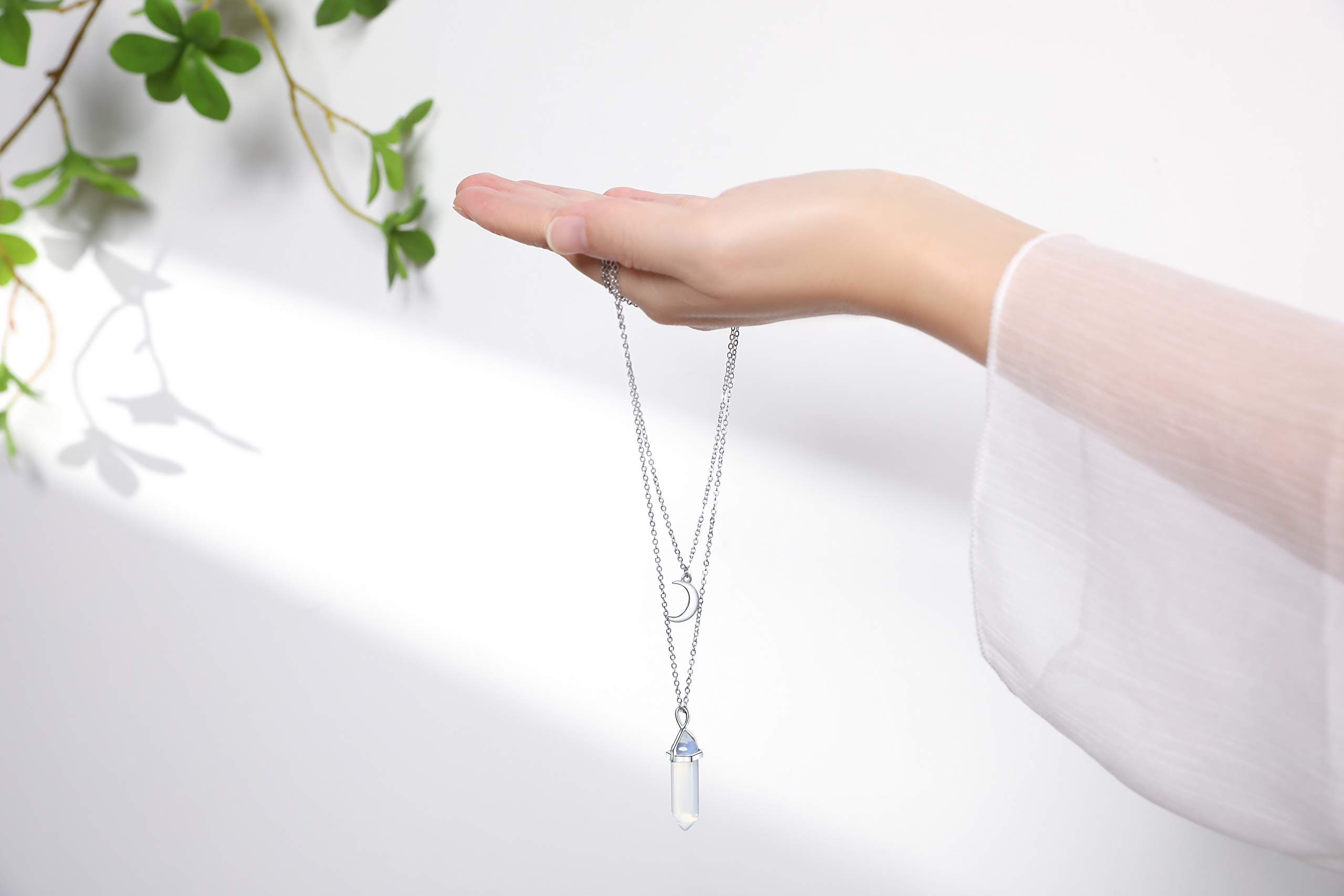 Layered Crescent Moon Necklace with Healing Crystal Stone Point Pendant - Reiki Witch Gemstone Dainty Jewelry for Women | Spiritual Healing, Meditation & Boho Fashion Accessory