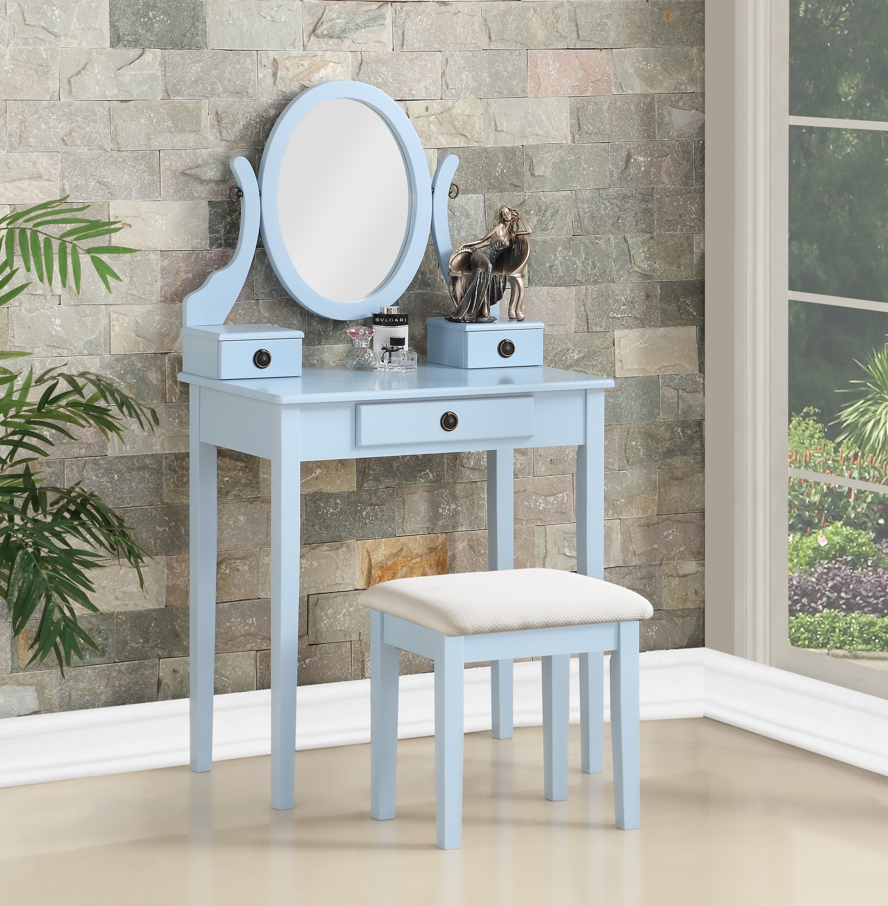 Roundhill Furniture Moniya Wood Makeup Vanity Table with Stool Set - Elegant Dressing Table for Bedroom, Bathroom & Salon Use