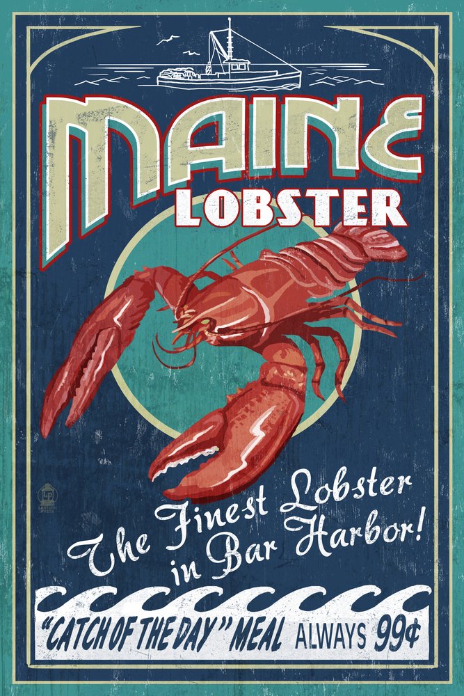 Vintage Lobster Sign Art Print - Bar Harbor Maine Coastal Wall Decor (24x36 Signed Poster, Nautical Theme) - Perfect for Beach House, Kitchen, or Restaurant Decor
