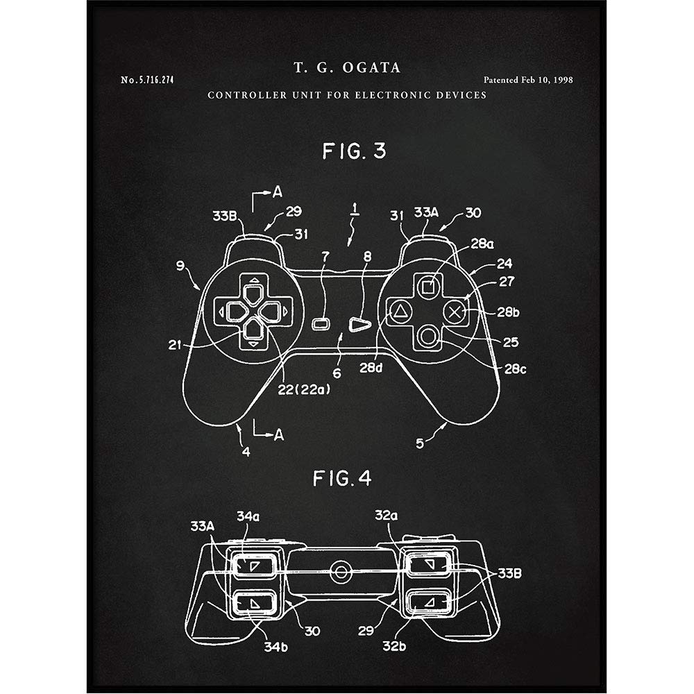 Blue Gaming Controller Blueprint Art Print - Patent Poster for Gamers, Game Room Decor, Video Game Joystick Wall Art - Perfect Gift for Gamers & Gamepad Enthusiasts (QP729) - Ideal for Gaming Rooms, Offices & Man Caves