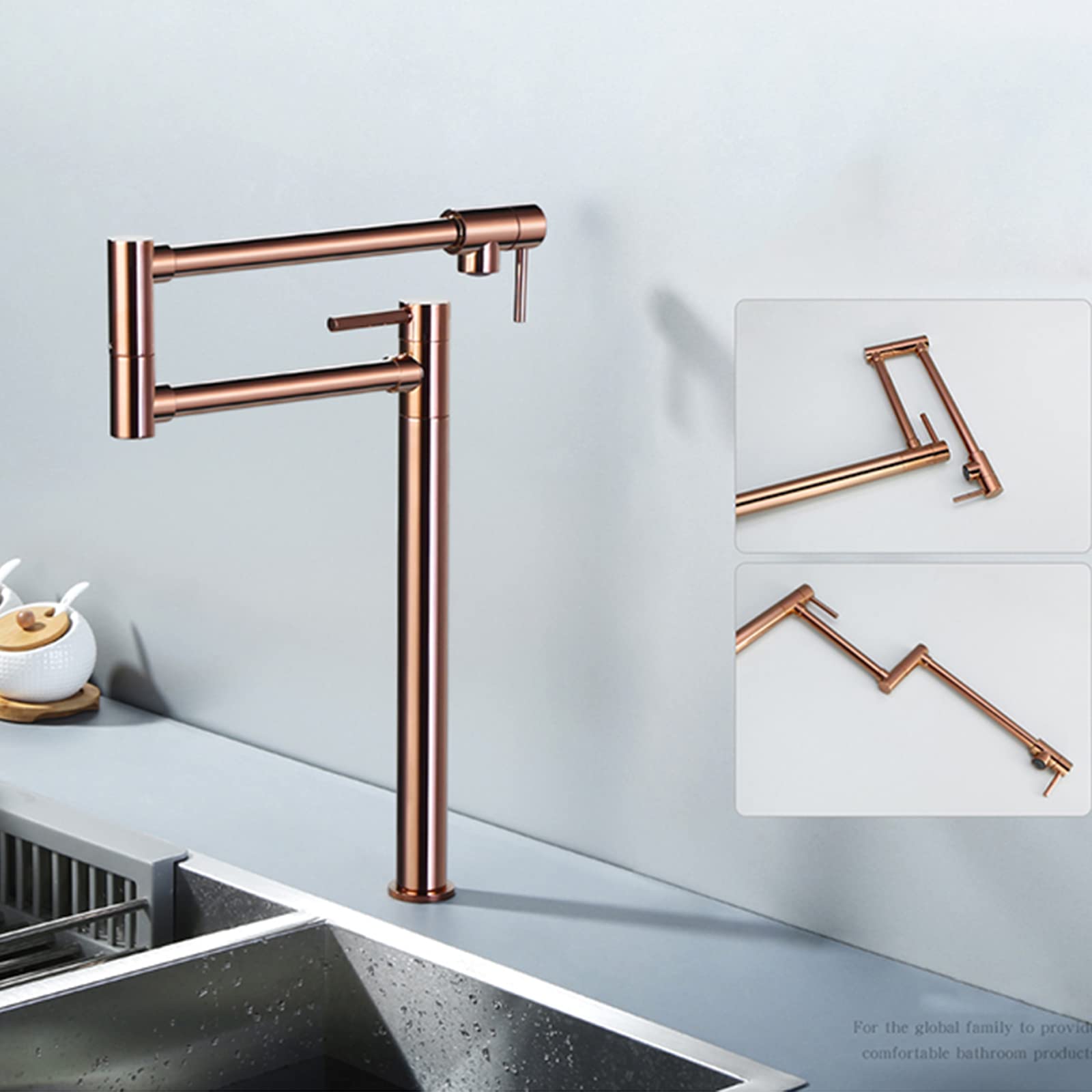 Rose Gold Wall Mounted Pot Filler Faucet - Brass Folding Stretchable Kitchen Sink Faucet with Double Joint Swing Arm & 2 Handles | Perfect for Filling Large Pots, Pasta Cookers & Stockpots in Modern Kitchens